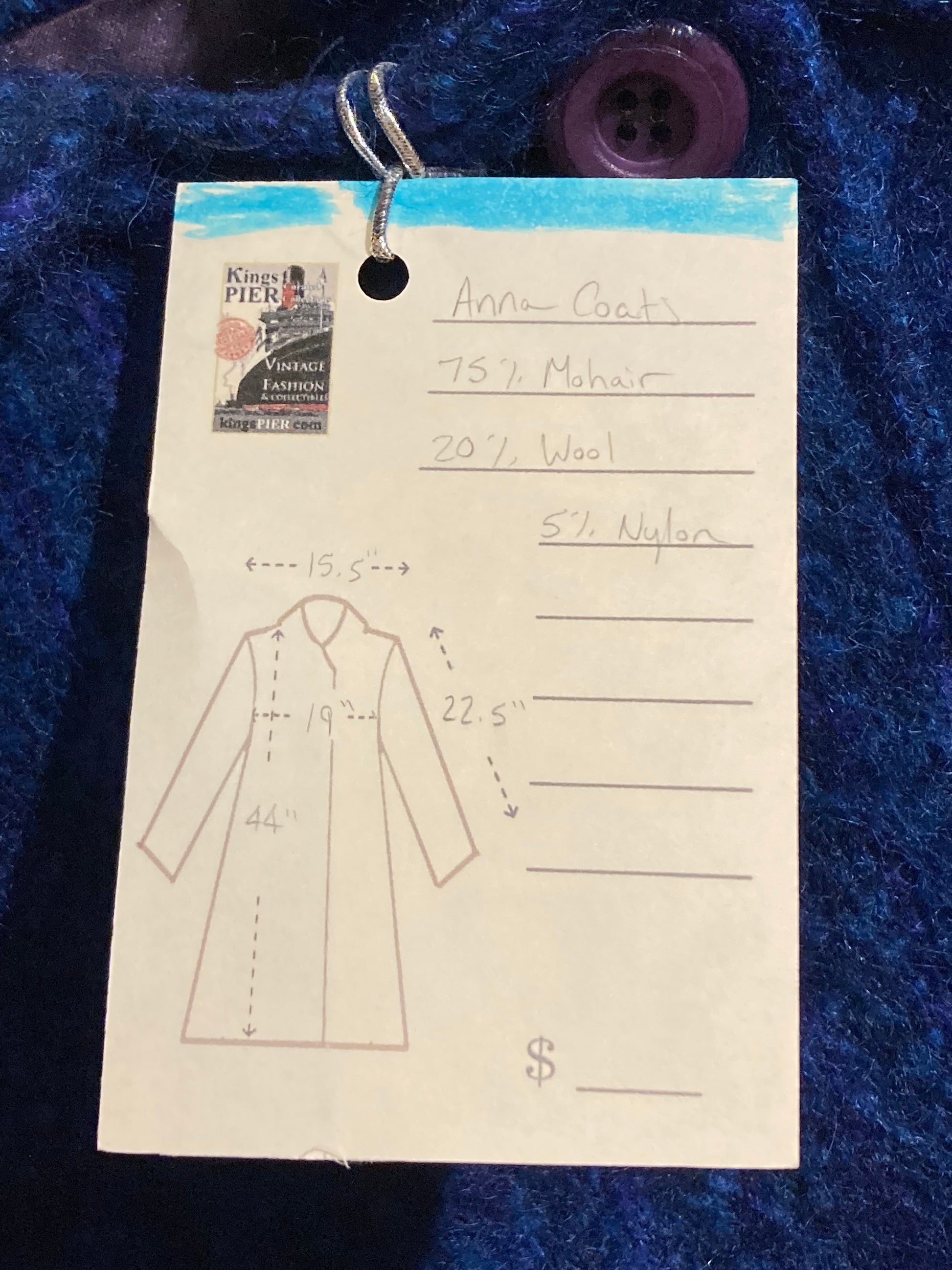 Kingspier Vintage - Vintage Anna blue mohair blend (75% mohair, 50% wool, 5% nylon) double breasted long coat with two front pockets.