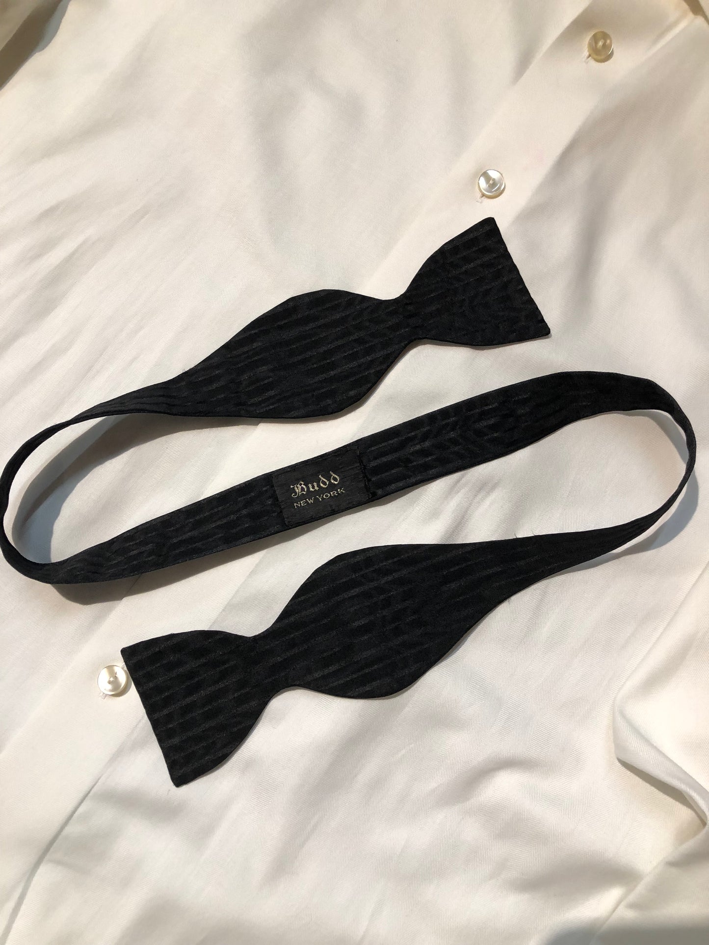 Kingspier Vintage - Vintage Budd New York black watered silk butterfly bow tie.