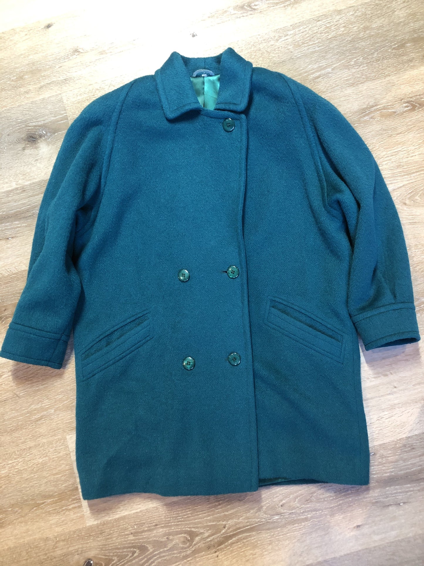 Kingspier Vintage - Marks & Spencer 1980’s mohair and wool blend, double breasted teal coat. Fits a size 10.