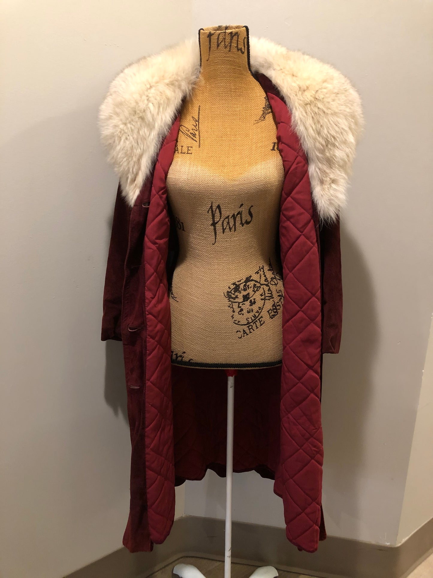 Kingspier Vintage - Leather Attic 1970’s oxblood suede coat with fur collar. Beautifully fitted, the coat features pockets, buttons, a belt and a quilted lining. Made in Canada. Size small.
