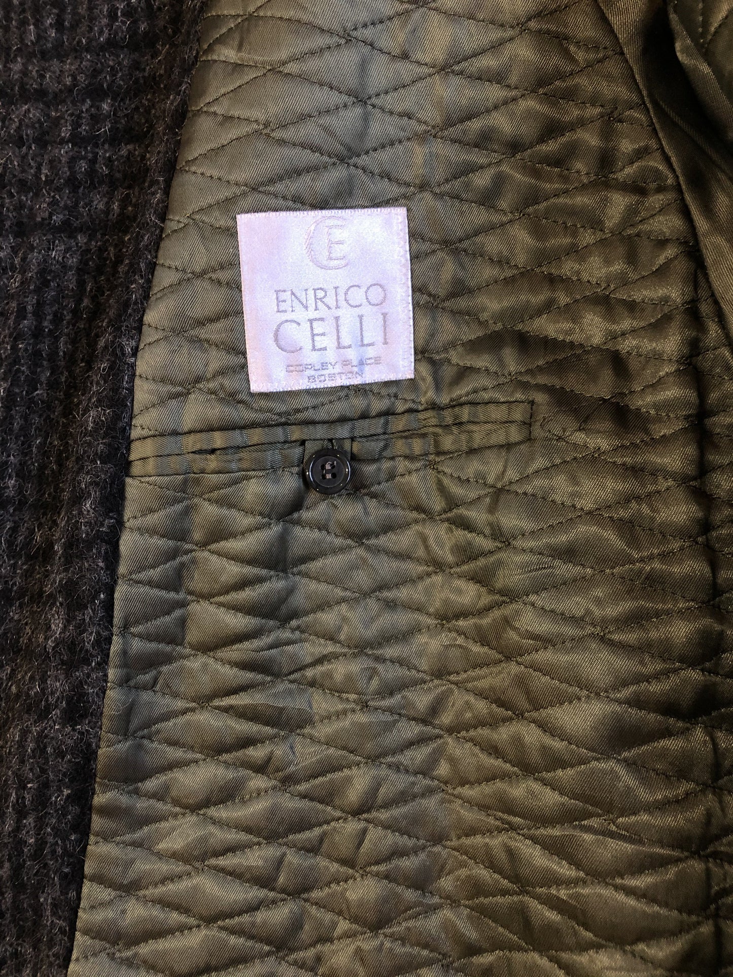 Kingspier Vintage - Enrico Celli grey plaid wool harrington jacket with zipper, three slash pockets and a quilted olive colour lining. Made in Italy.