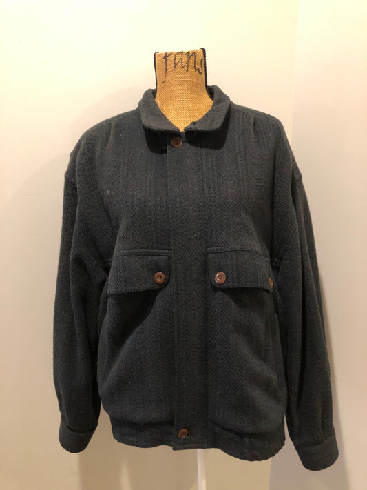 Kingspier Vintage - Angelo Litrico green with navy 100% pure virgin wool harrington jacket with zipper and button closures, flap and slash pockets in front, fully lined with an inside pocket. Size 50.