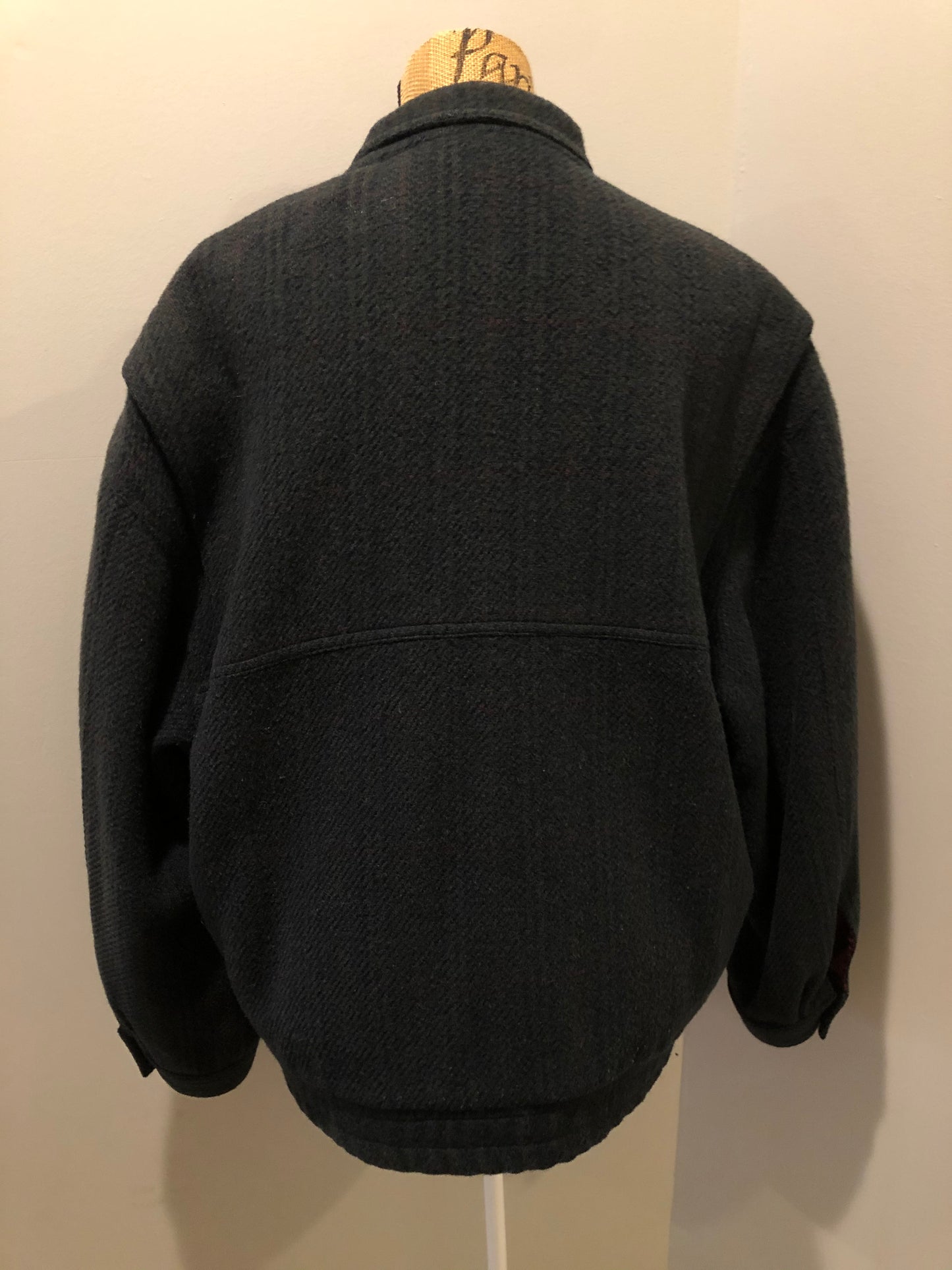 Kingspier Vintage - Angelo Litrico green with navy 100% pure virgin wool harrington jacket with zipper and button closures, flap and slash pockets in front, fully lined with an inside pocket. Size 50.
