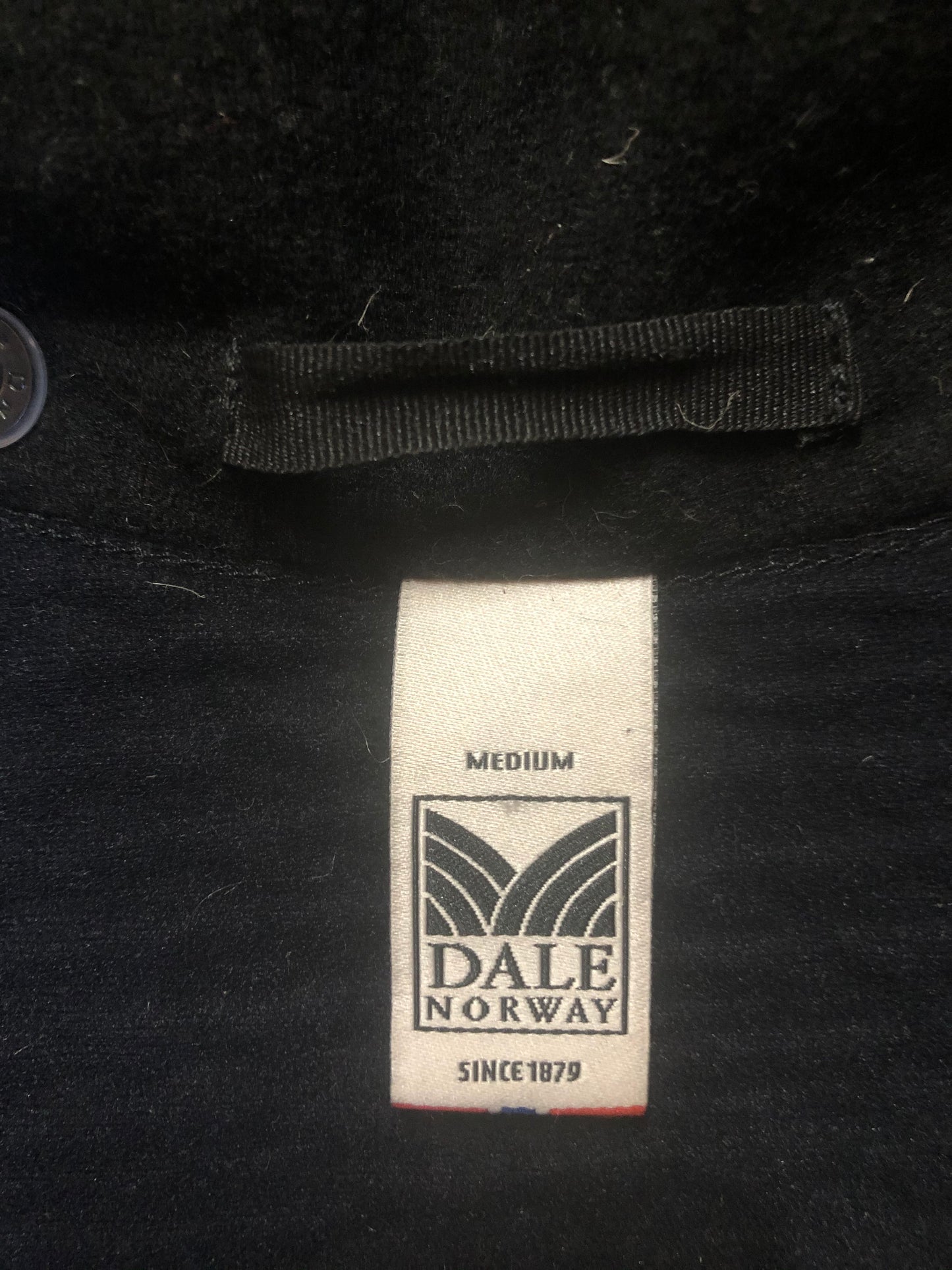 Kingspier Vintage - Dale of Norway weatherproof grey and black treated wool jacket with zipper, vertical pockets, thumb hole details, detachable hood and Dale of Norway crest on shoulder.