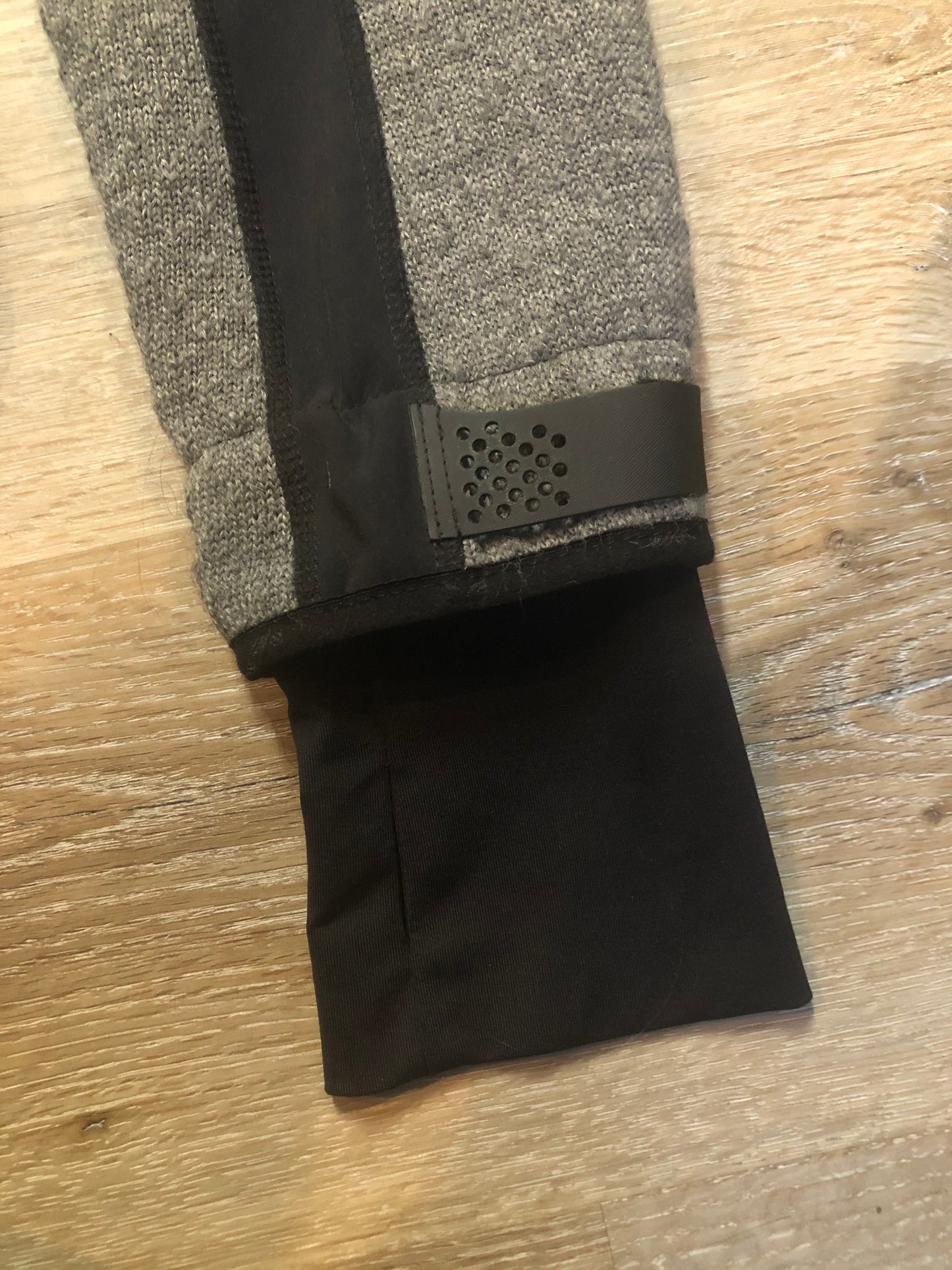 Kingspier Vintage - Dale of Norway weatherproof grey and black treated wool jacket with zipper, vertical pockets, thumb hole details, detachable hood and Dale of Norway crest on shoulder.