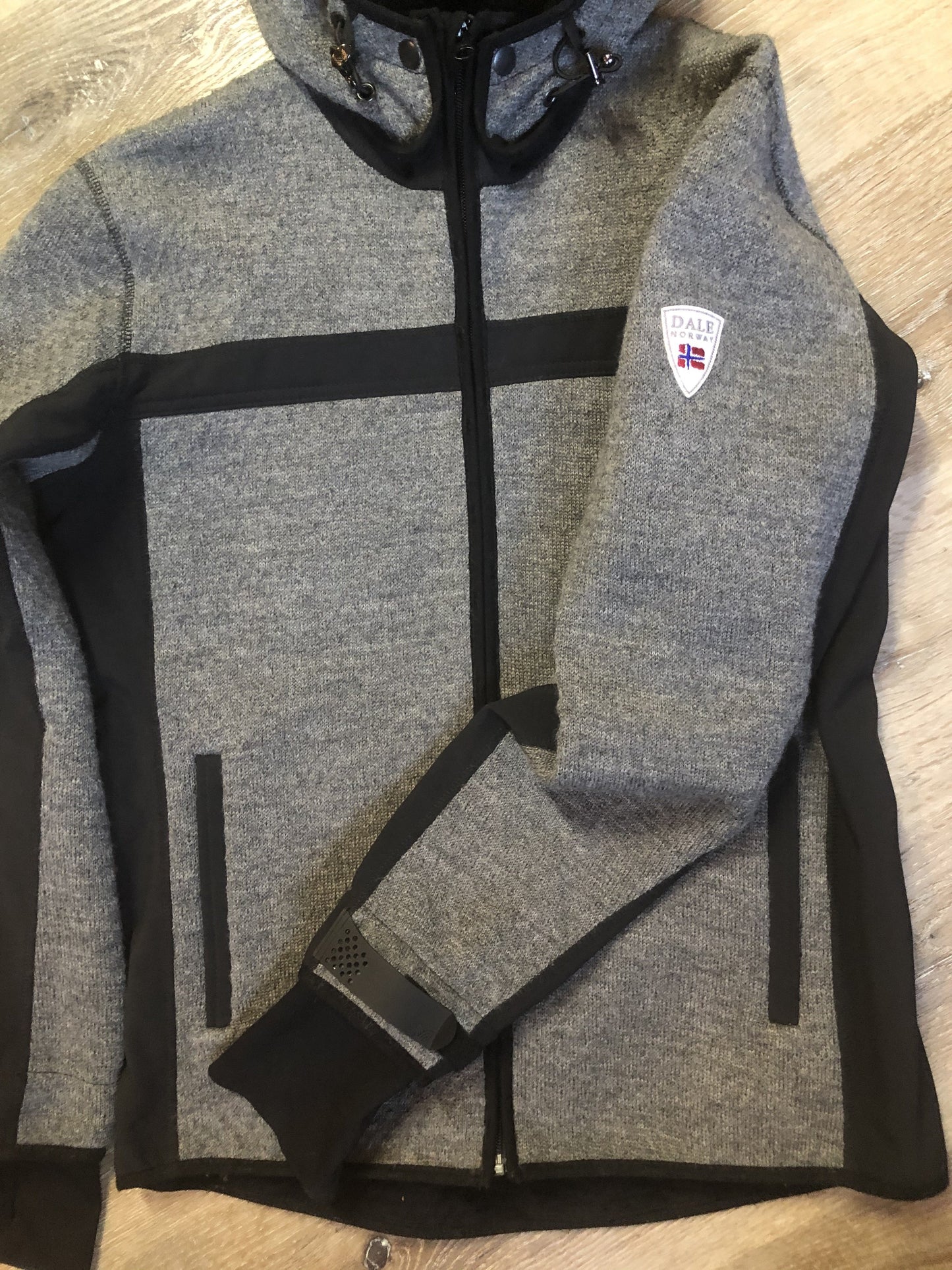 Kingspier Vintage - Dale of Norway weatherproof grey and black treated wool jacket with zipper, vertical pockets, thumb hole details, detachable hood and Dale of Norway crest on shoulder.
