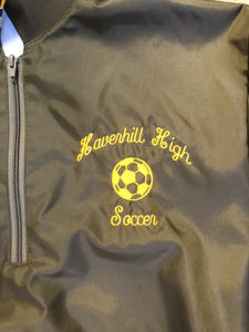 Kingspier Vintage - Havenhill High Soccer varsity jacket in brown with yellow stripe, zipper, front pouch pocket, “Havenhill High” written across the back and “Steph” monogram on the arm. Made in the USA. Size large. 
