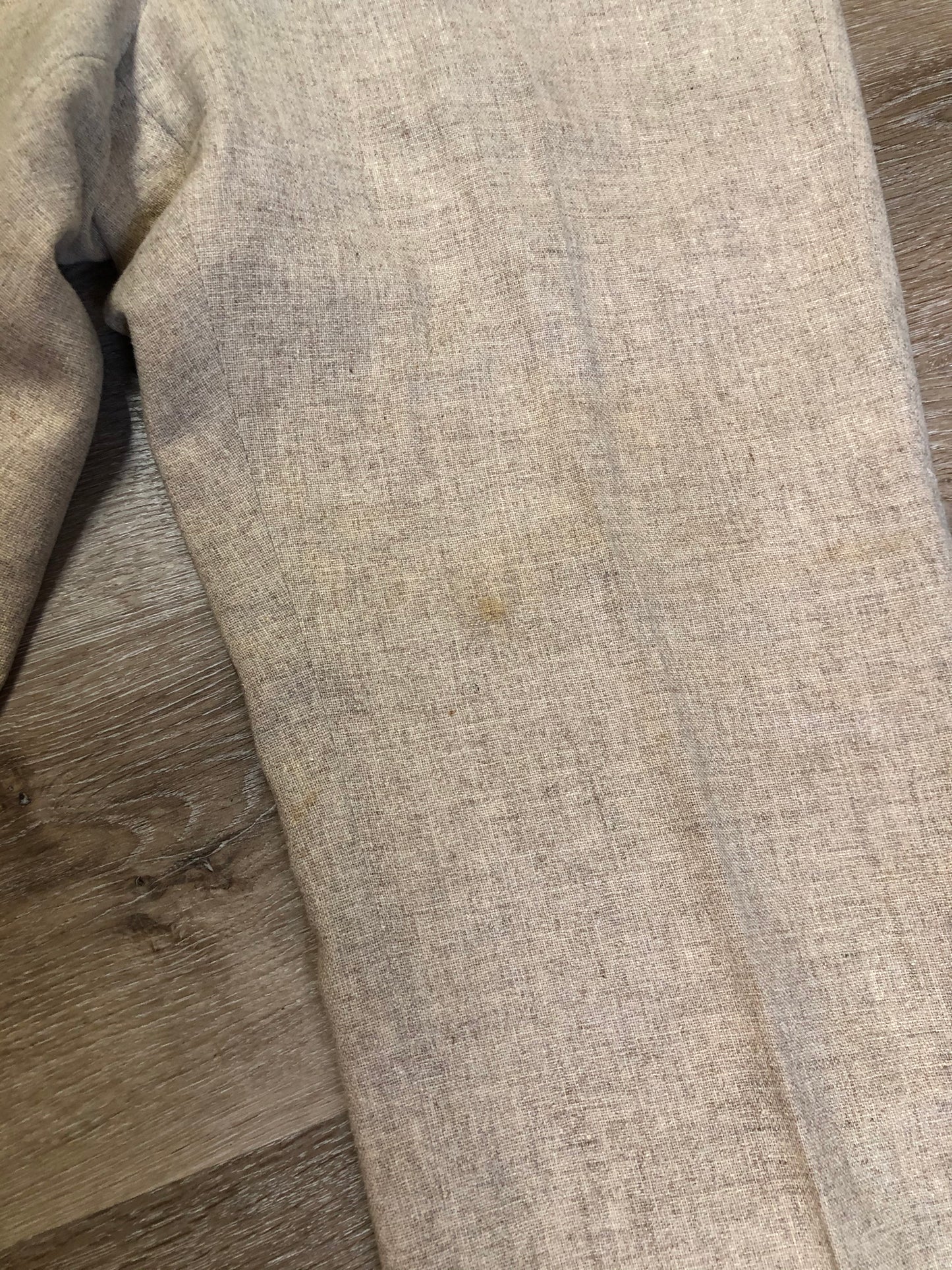 Kingspier Vintage - Chaps by Ralph Lauren light beige two piece suit at Martini Carl Boston. Jacket is a three button notch lapel with three flap pockets and a breast pocket. The pants are flat front with two slash pockets, a tiny flap pocket in the front and two back pockets.