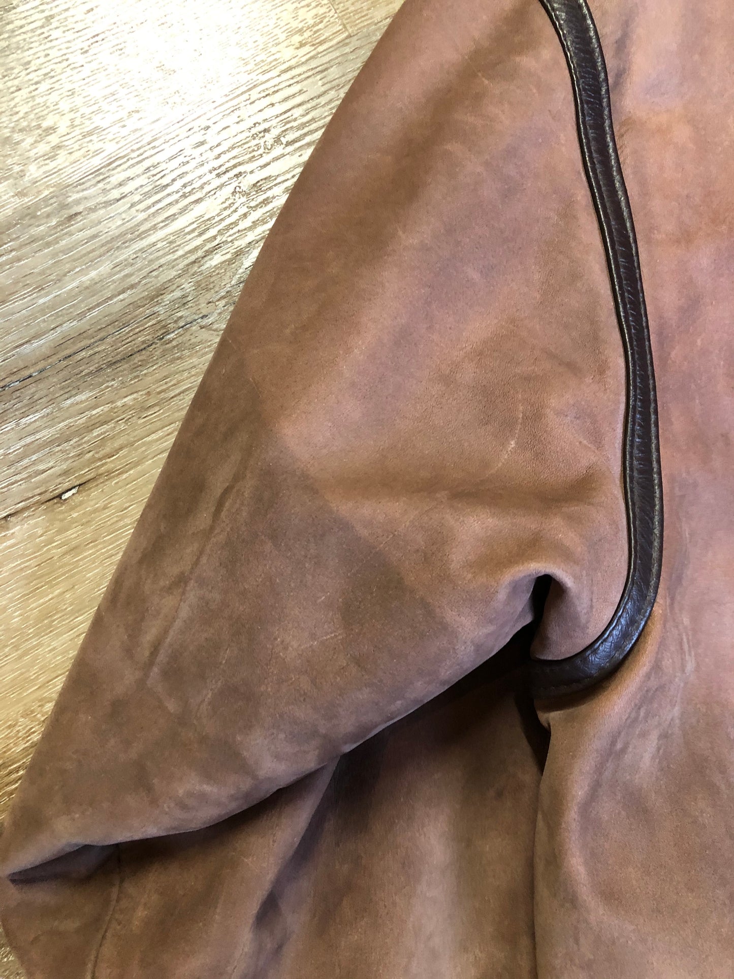 Kingspier Vintage - J. Percy for Marvin Richards 1980’s/1990’s brown nubuck leather jacket with dark brown leather details, hood, zipper and snap closures and paisley lining. Made in the USA. Size small.