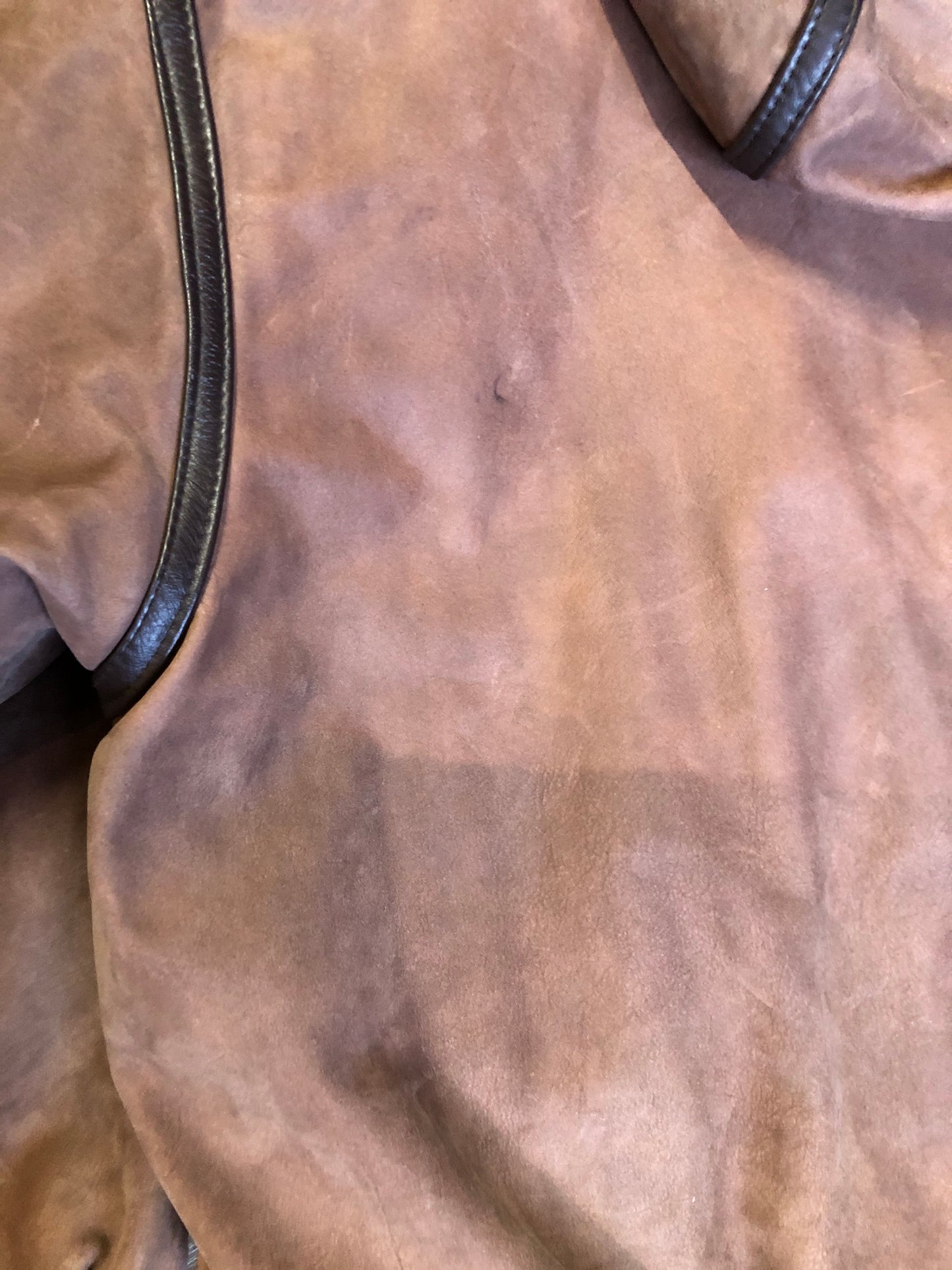 Kingspier Vintage - J. Percy for Marvin Richards 1980’s/1990’s brown nubuck leather jacket with dark brown leather details, hood, zipper and snap closures and paisley lining. Made in the USA. Size small.