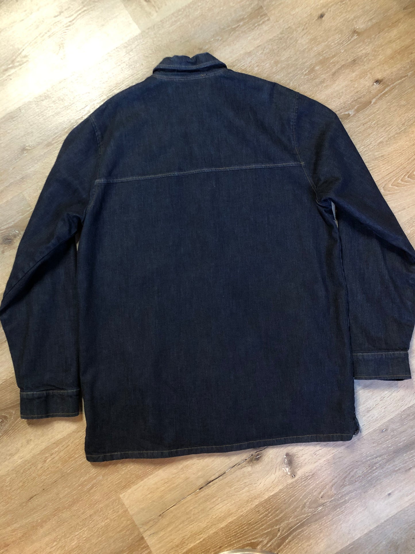 Kingspier Vintage - ATF (Analog Technical Fashion) denim jacket in a dark wash with button closures, two zip slash pockets, two flap pockets, an inside pocket and a plaid lining. Union made. Size XL.