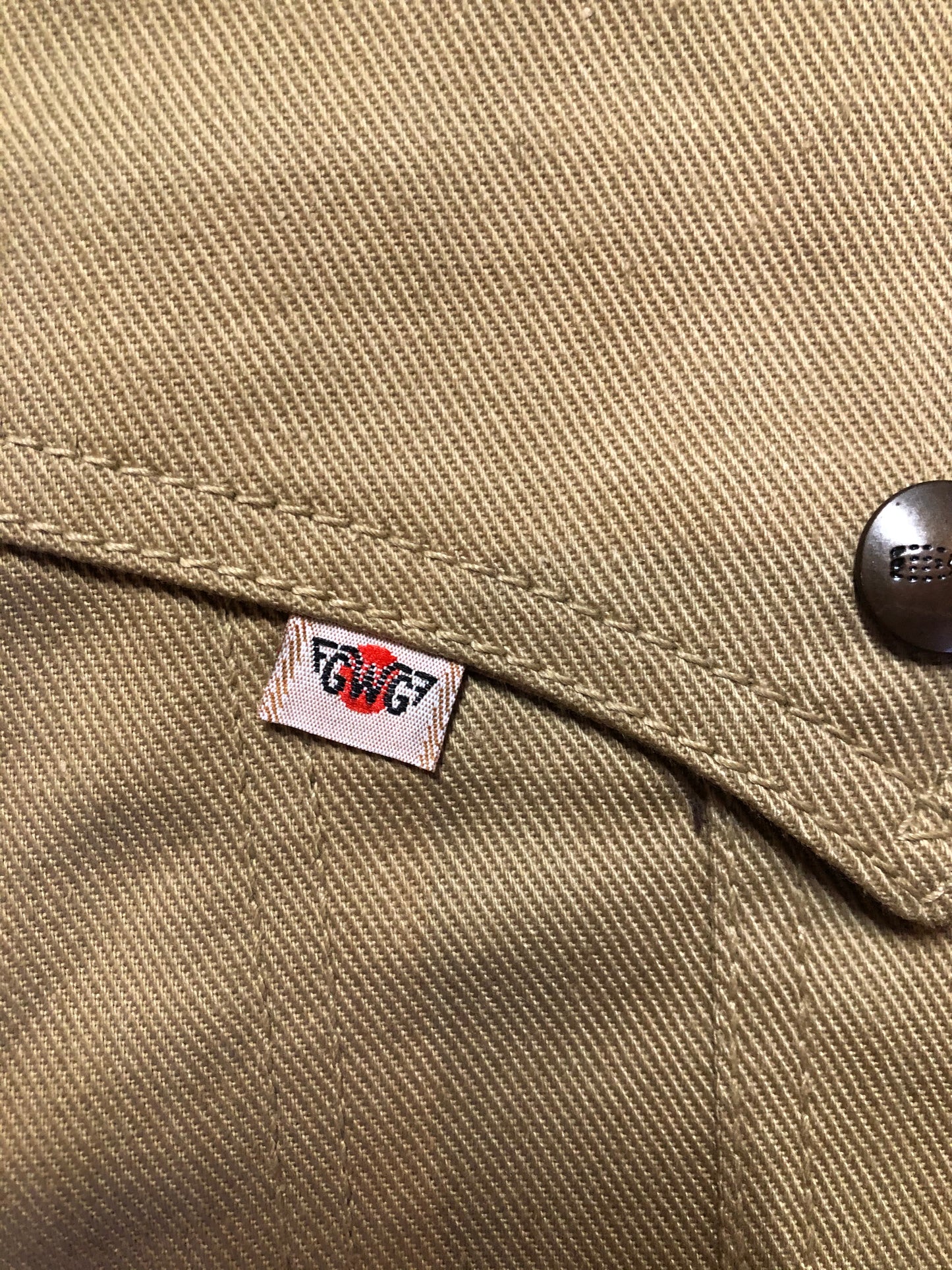 Kingspier Vintage - GWG (Great Western Garment Co.) “Nev’r-press” 1970’s western style denim jacket in tan with snap closures and two flap pockets. Made in Canada. Size 40Lrg.