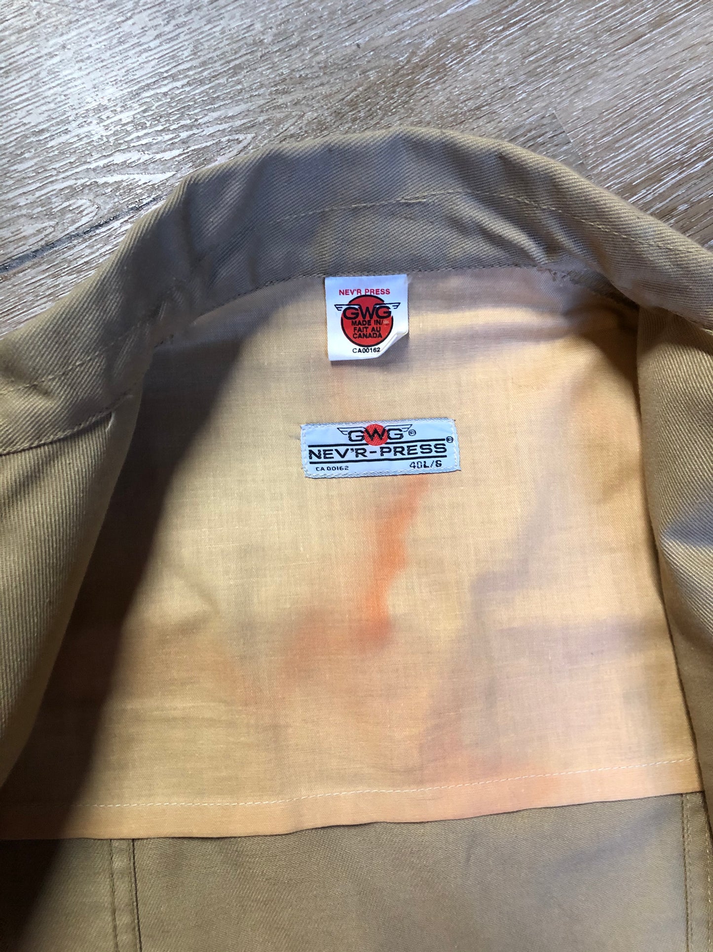 Kingspier Vintage - GWG (Great Western Garment Co.) “Nev’r-press” 1970’s western style denim jacket in tan with snap closures and two flap pockets. Made in Canada. Size 40Lrg.