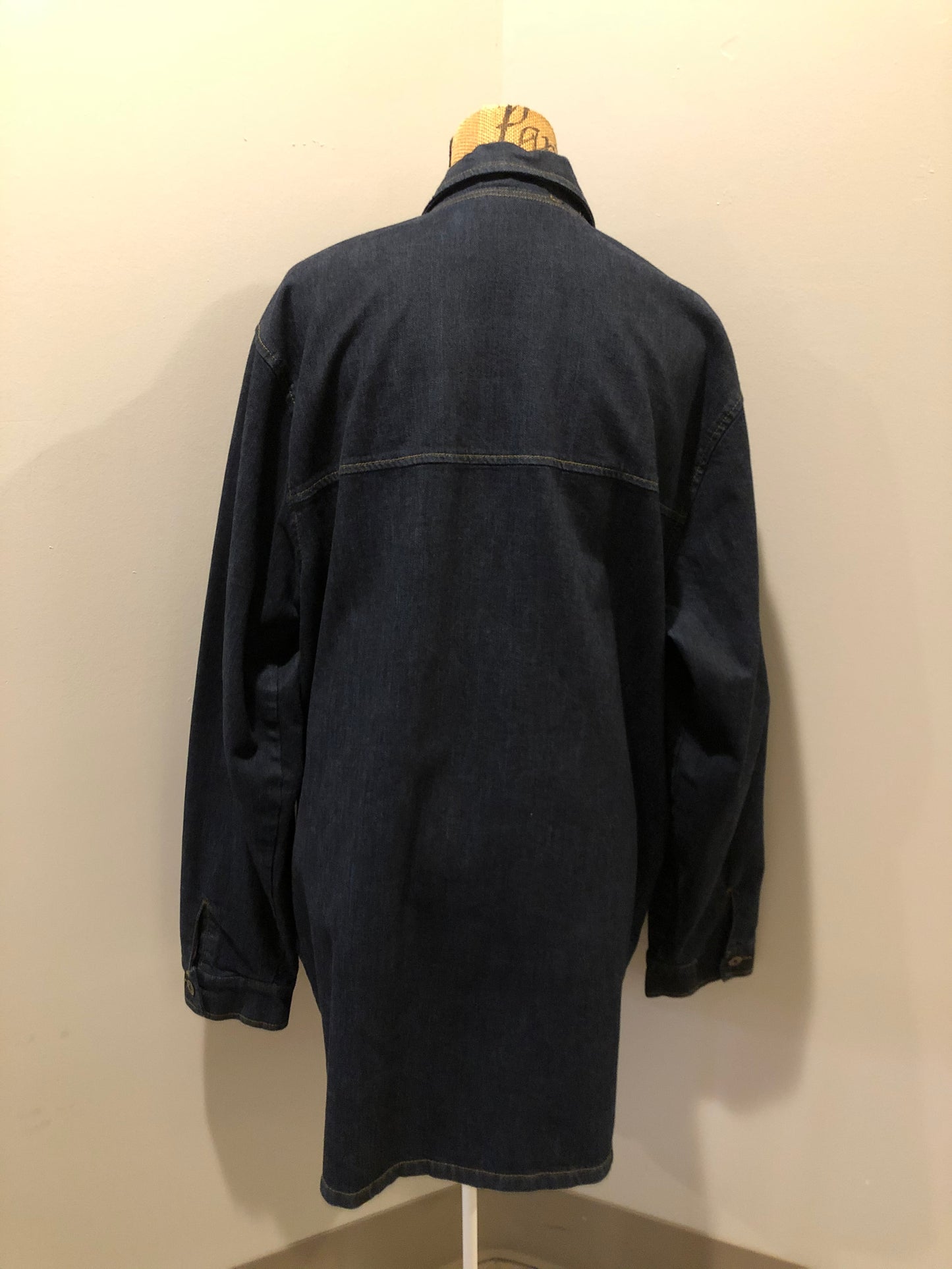 Kingspier Vintage - ATF (Analog Technical Fashion) denim jacket in a dark wash with button closures, two zip slash pockets, two flap pockets, an inside pocket and a plaid lining. Union made. Size XL.