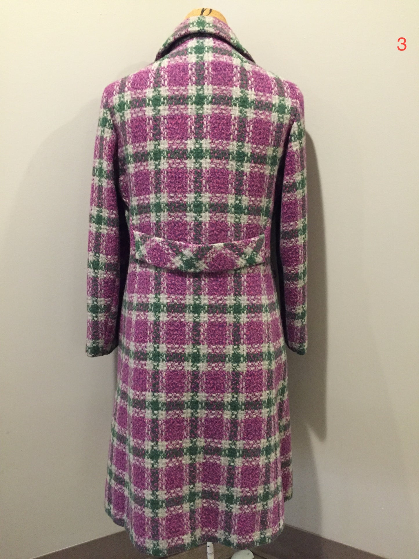 Kingspier Vintage - Keene Furs Shagmoor wool green and purple plaid double breasted car coat with belt at waist. Made in the USA.