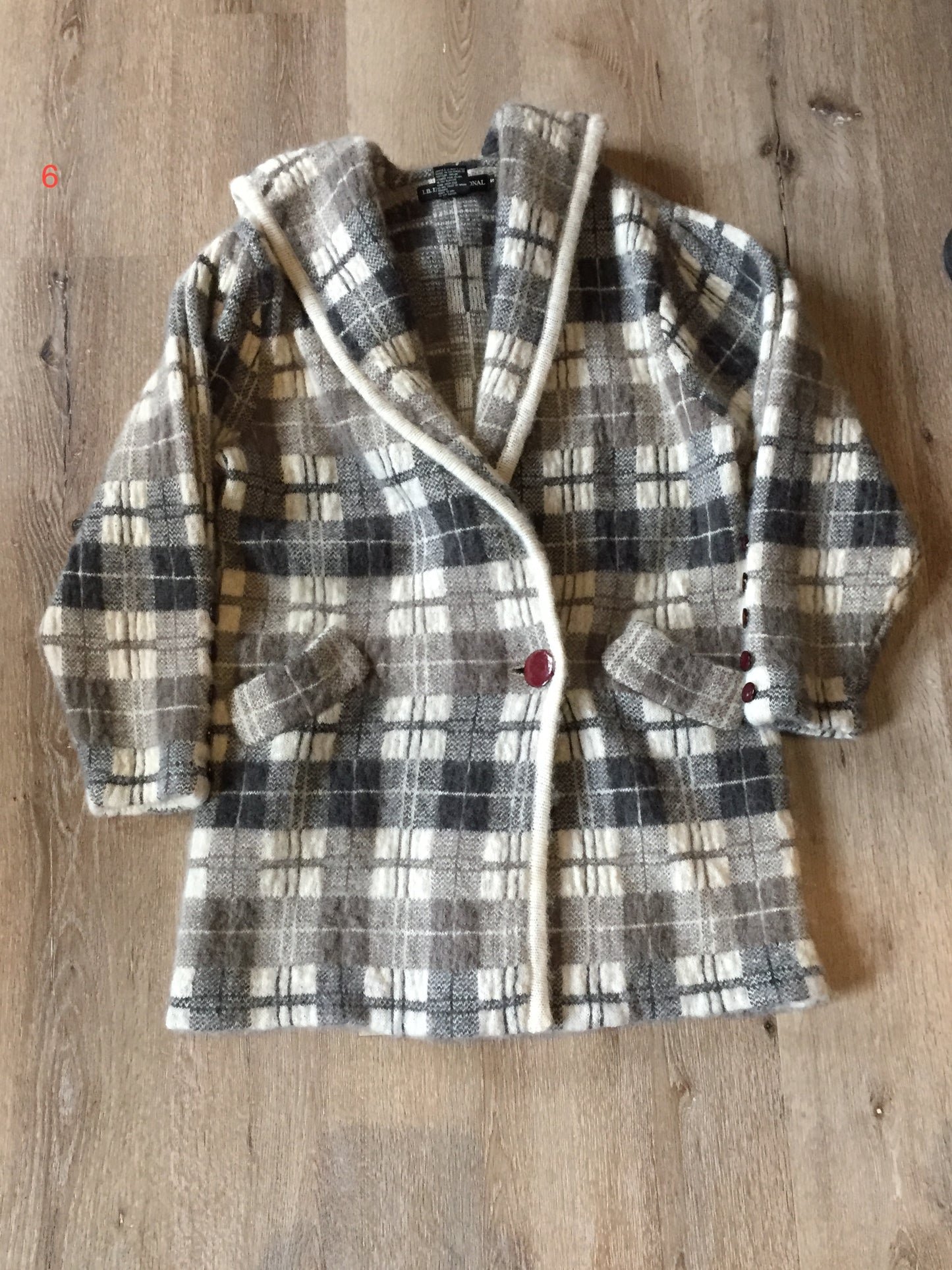 Kingspier Vintage - L.B. International Grey and white plaid mohair sweater coat with button closure, welt pockets and a shawl collar