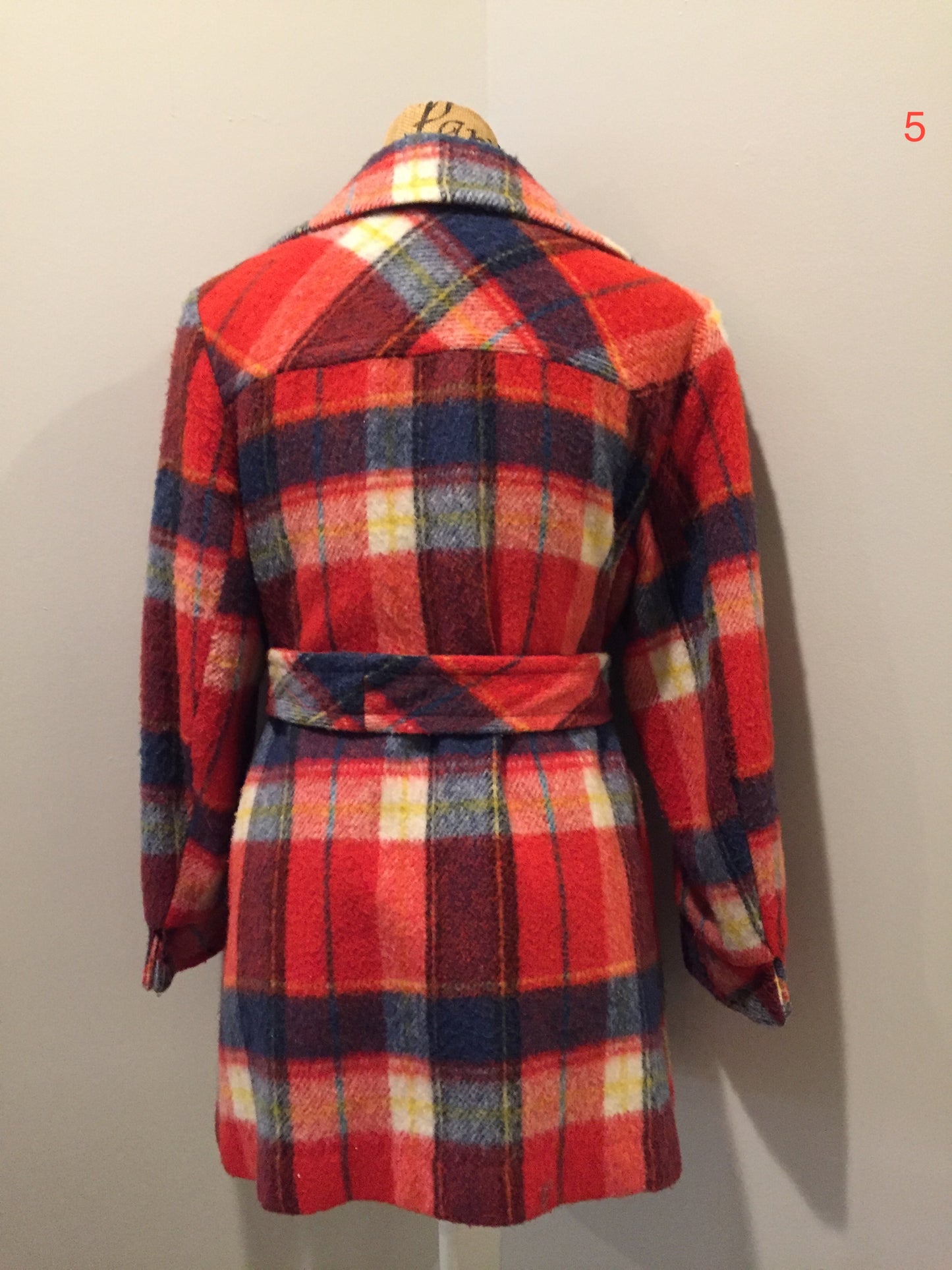 Kingspier Vintage - Croydon orange, yellow, blue and white plaid coat with button closures, belt and patch pockets. Size 14, fits small.