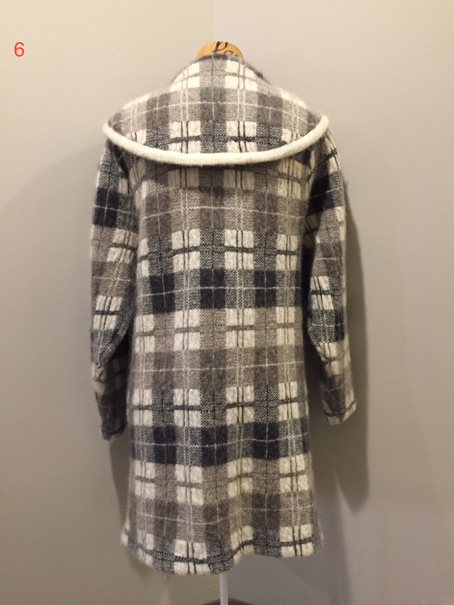 Kingspier Vintage - L.B. International Grey and white plaid mohair sweater coat with button closure, welt pockets and a shawl collar