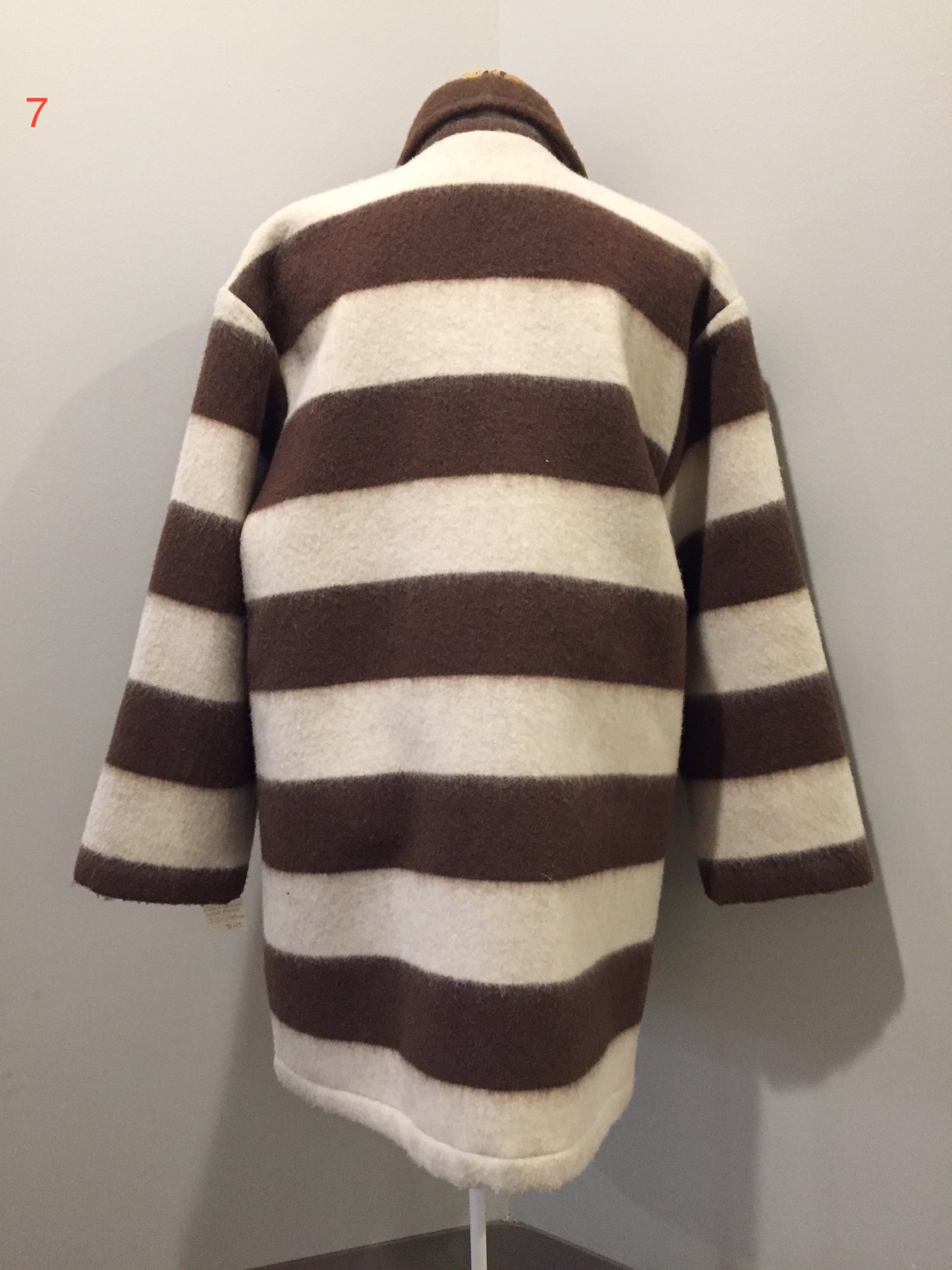 Kingspier Vintage - Linda Lundstrom white and brown striped wool parka with wooden toggles and patch pockets. Made in Canada. Size medium.