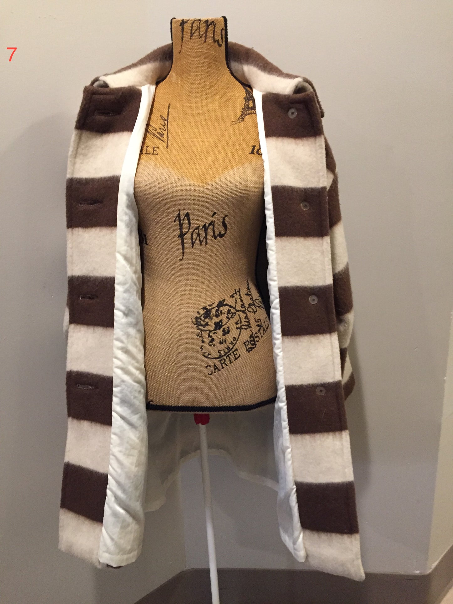 Kingspier Vintage - Linda Lundstrom white and brown striped wool parka with wooden toggles and patch pockets. Made in Canada. Size medium.