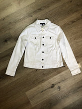 Load image into Gallery viewer, Kingspier Vintage - Talbots denim jacket in white with button closures, two vertical pockets and two flap pockets on the chest. Size small petite.
