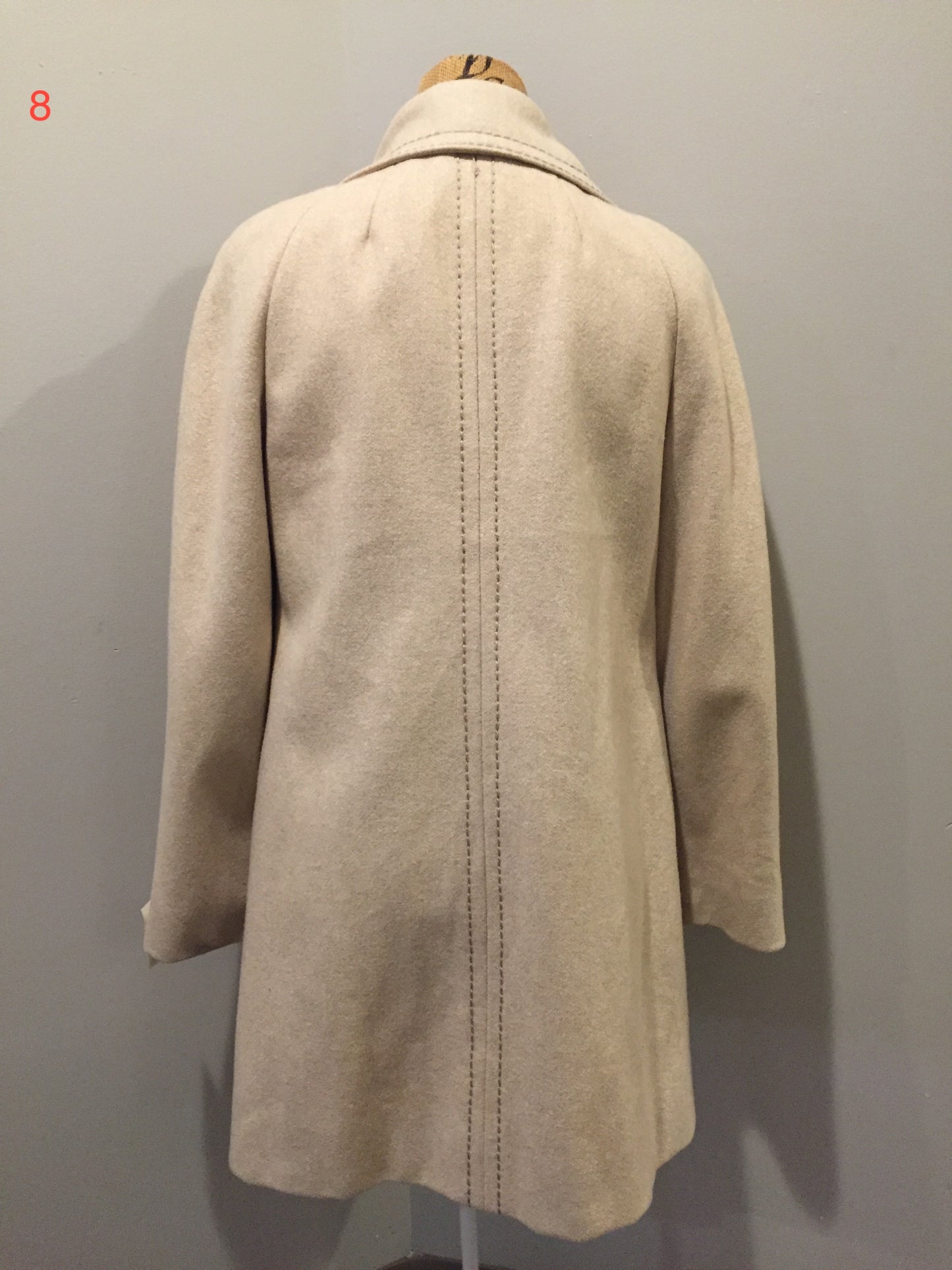Kingspier Vintage - Country Pacer beige wool car coat with unique stitched detailing around trim, white buttons and welt pockets. Union made in the USA. Size small/ medium.