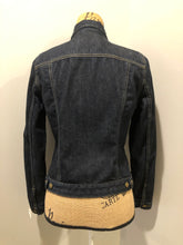 Load image into Gallery viewer, Kingspier Vintage - Gap denim jacket in a dark wash with pleated detail down the front, button closures, two vertical pockets, two flap pockets on the chest and two inside pockets. Size medium.
