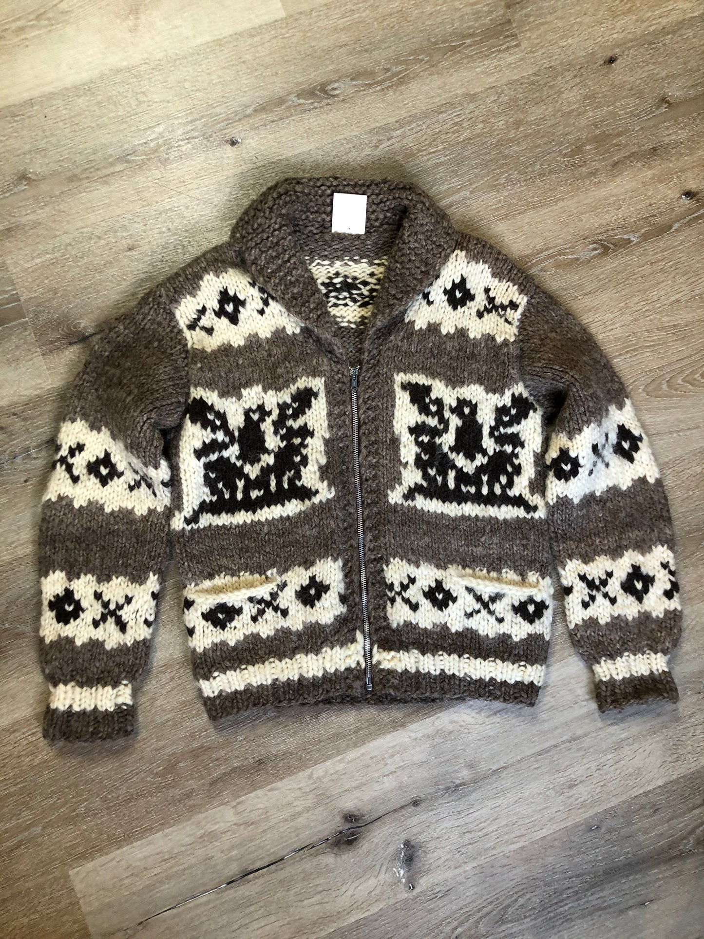 Kingspier Vintage - Cowichan style hand spun and hand knit wool zip cardigan in taupe brown, beige, white and dark brown with thunderbird design, shawl collar, zipper and pockets.