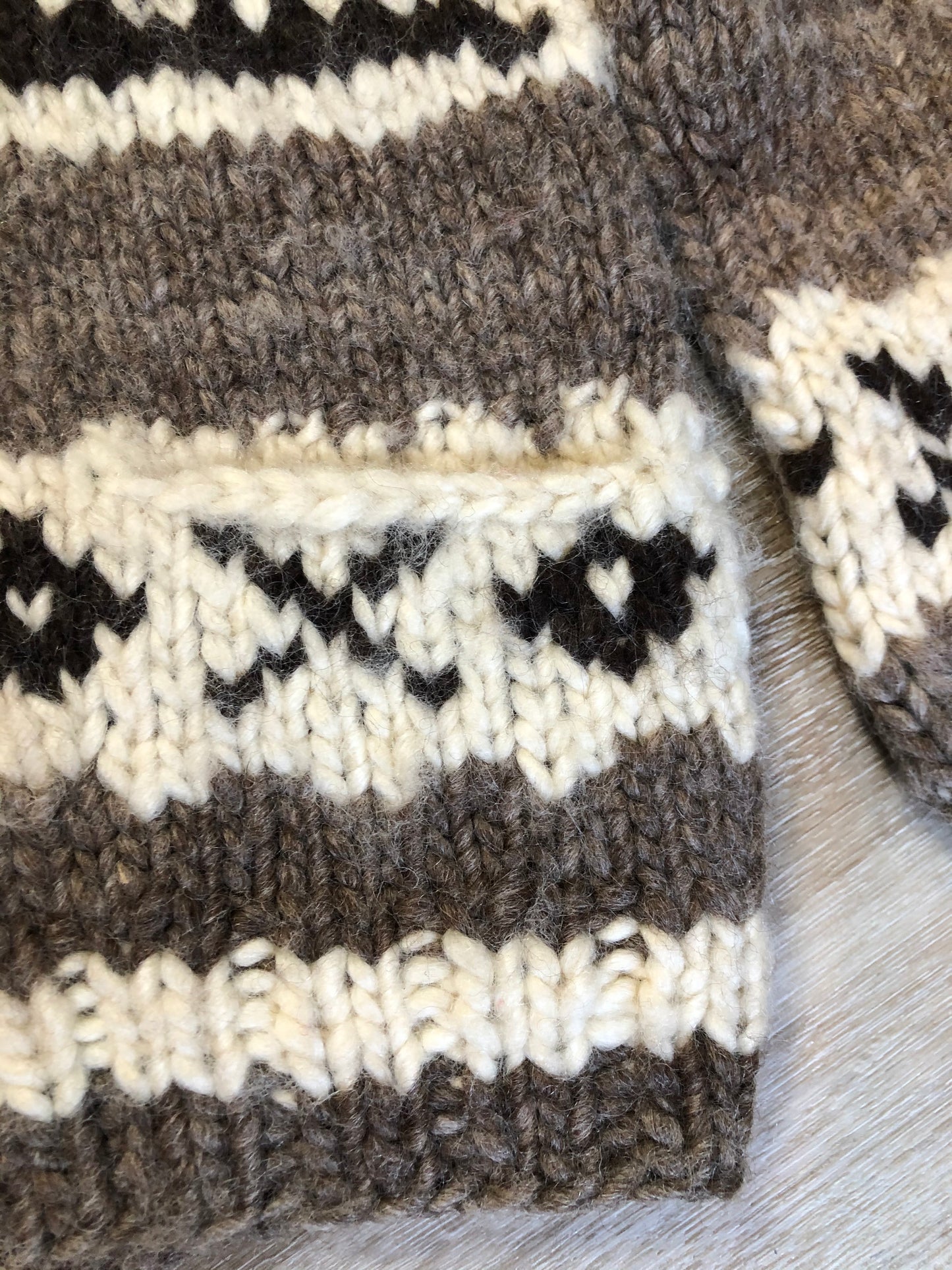 Kingspier Vintage - Cowichan style hand spun and hand knit wool zip cardigan in taupe brown, beige, white and dark brown with thunderbird design, shawl collar, zipper and pockets.
