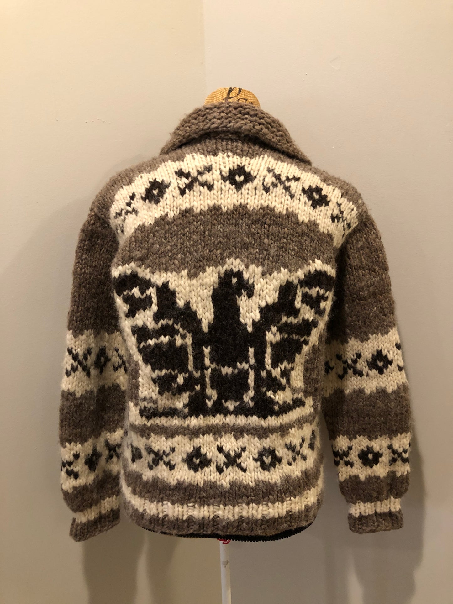 Kingspier Vintage - Cowichan style hand spun and hand knit wool zip cardigan in taupe brown, beige, white and dark brown with thunderbird design, shawl collar, zipper and pockets.
