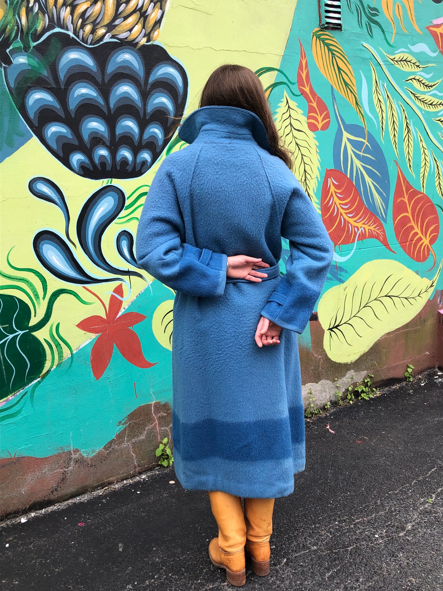 Kingspier Vintage - Hudson’s Bay Company blue and black stripe 100% virgin wool point blanket coat in a swing coat style with belt, buckle detail at the collar, button closures, slash pockets and blue satin lining. Made in England. Size large.