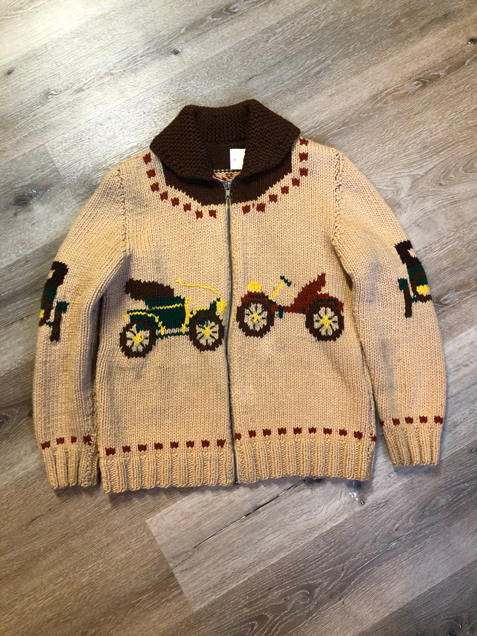 Kingspier Vintage - Mary Maxim hand knit zip cardigan in beige with dark brown, green and yellow antique car design. Made in Nova Scotia.