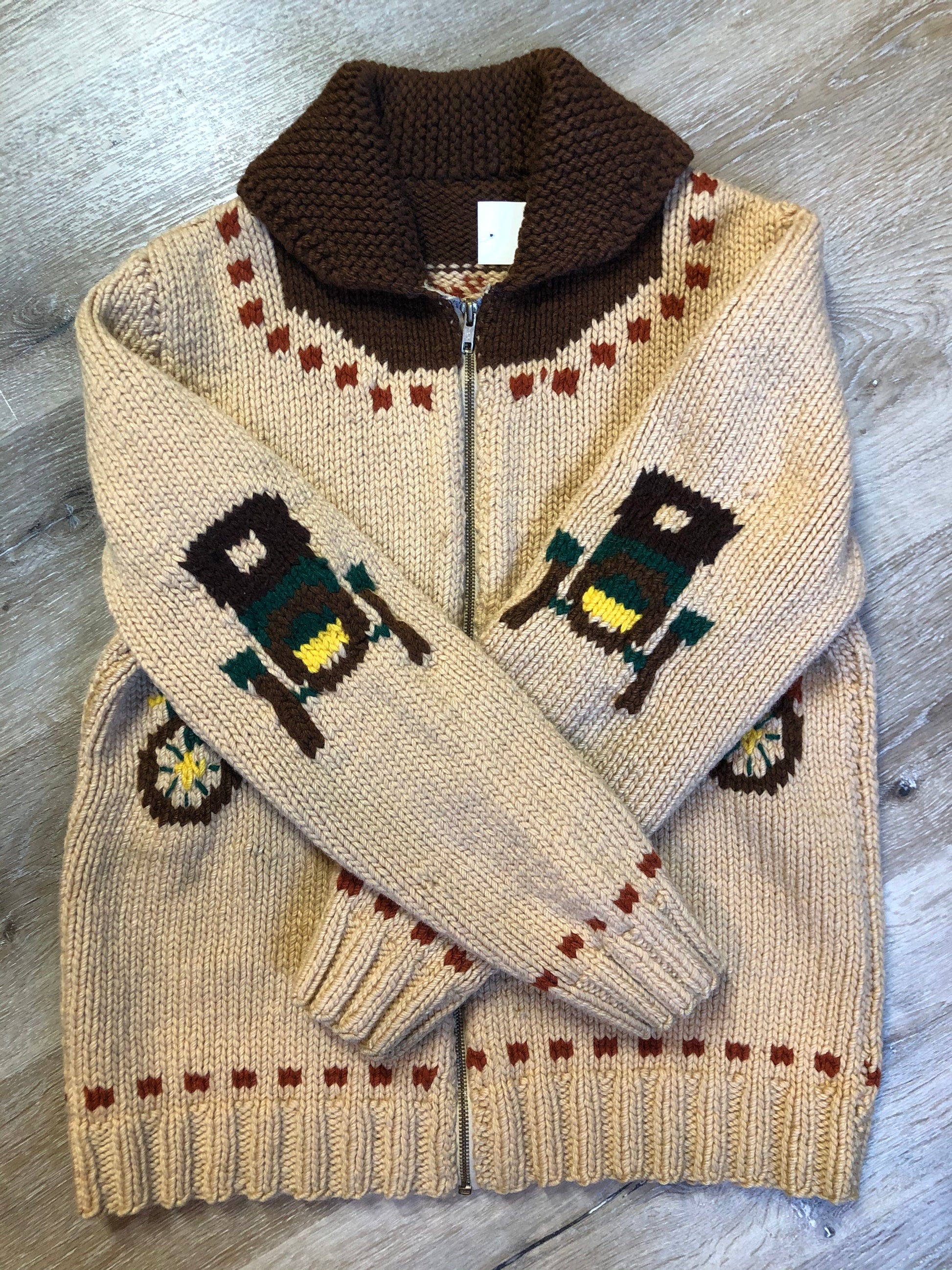 Kingspier Vintage - Mary Maxim hand knit zip cardigan in beige with dark brown, green and yellow antique car design. Made in Nova Scotia.