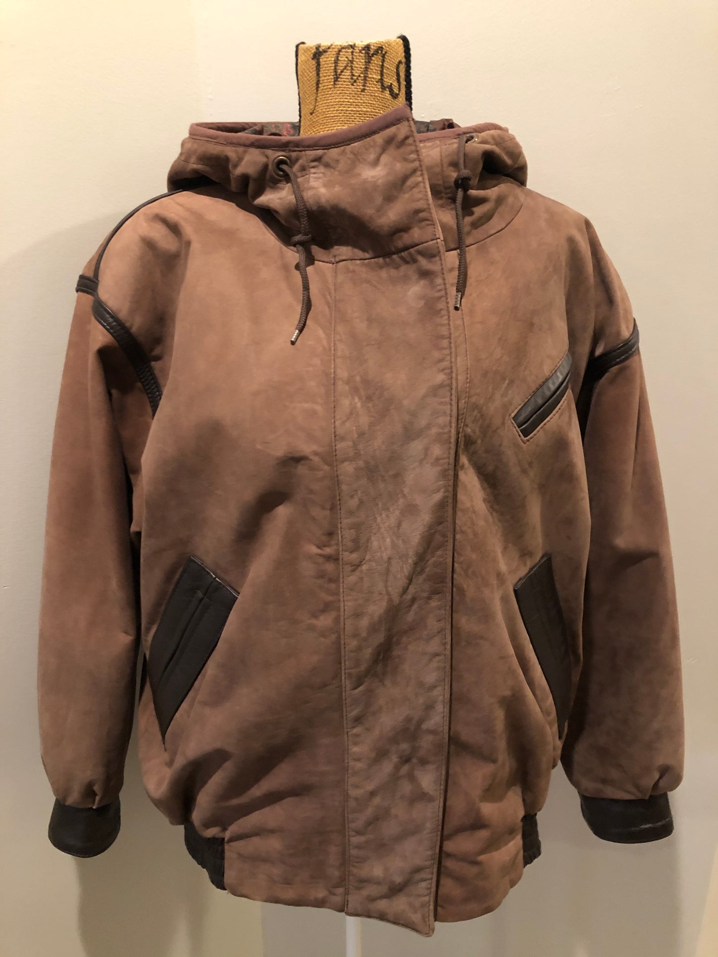 Kingspier Vintage - J. Percy for Marvin Richards 1980’s/1990’s brown nubuck leather jacket with dark brown leather details, hood, zipper and snap closures and paisley lining. Made in the USA. Size small.