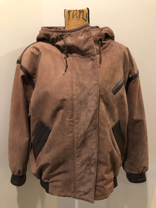 Kingspier Vintage - J. Percy for Marvin Richards 1980’s/1990’s brown nubuck leather jacket with dark brown leather details, hood, zipper and snap closures and paisley lining. Made in the USA. Size small.