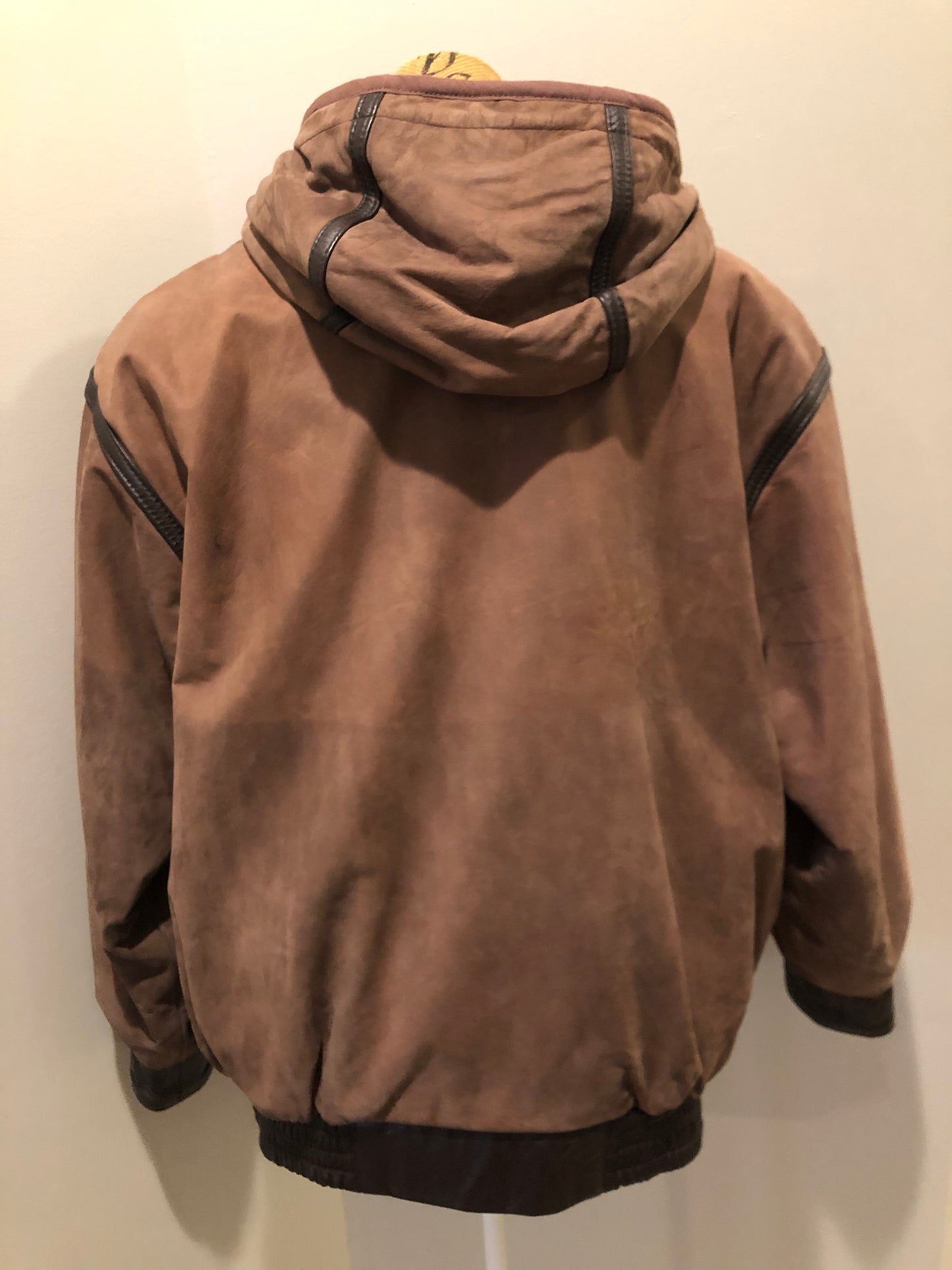 Kingspier Vintage - J. Percy for Marvin Richards 1980’s/1990’s brown nubuck leather jacket with dark brown leather details, hood, zipper and snap closures and paisley lining. Made in the USA. Size small.