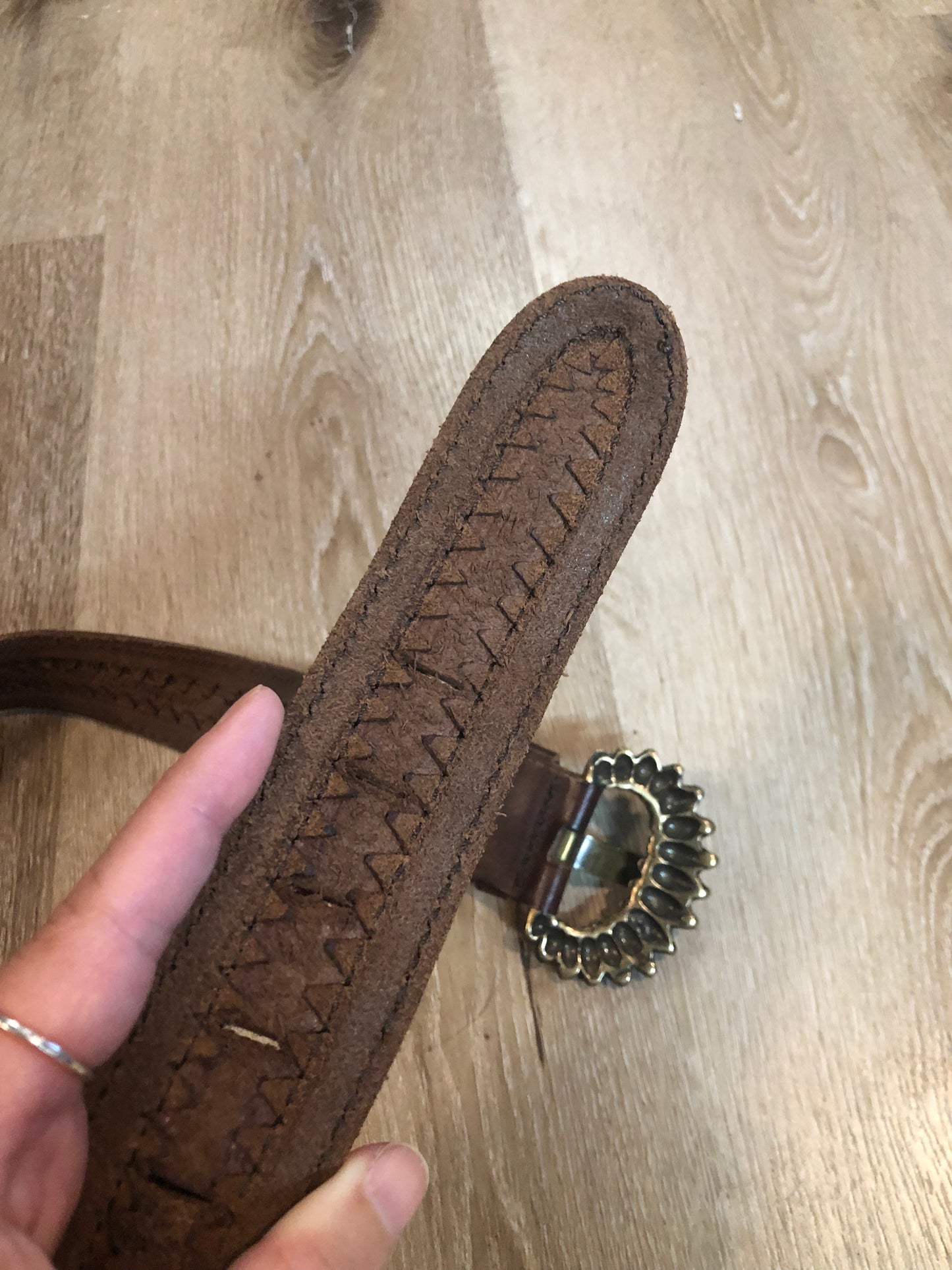 Kingspier Vintage -Vintage Gian Marco Venturi brown leather belt with hair on hide, brass buckle and leather stitching detail.