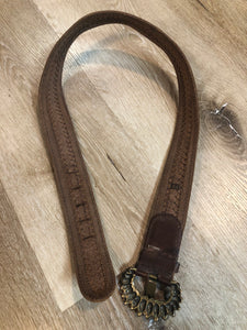 Kingspier Vintage -Vintage Gian Marco Venturi brown leather belt with hair on hide, brass buckle and leather stitching detail.