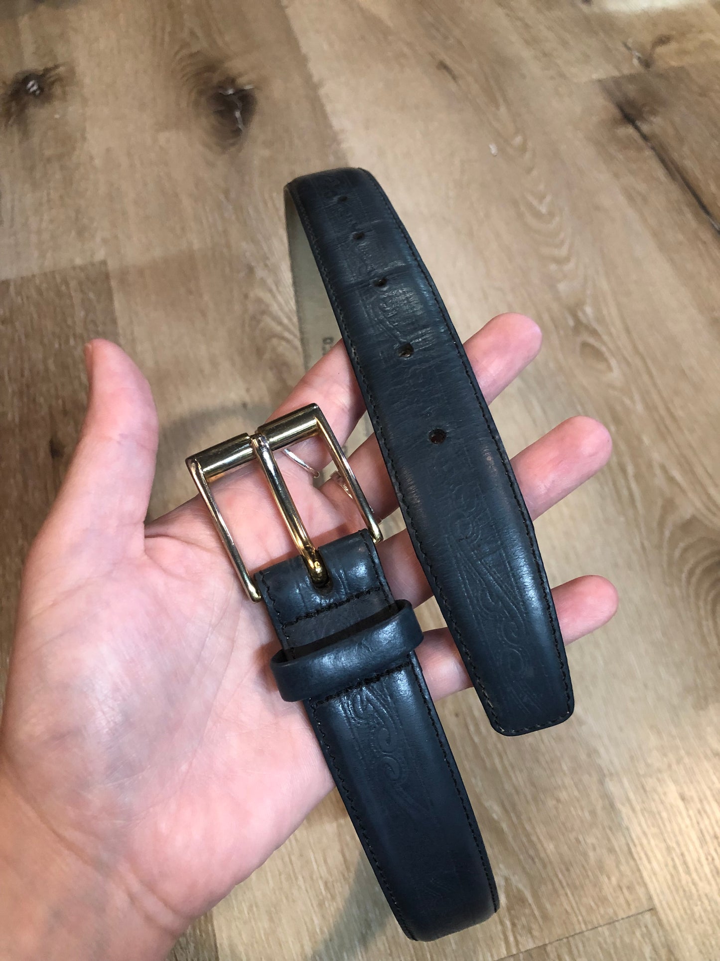 Kingspier Vintage -Vintage Cobbler navy embossed leather belt with silver buckle. Made in Spain.