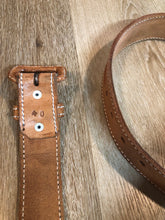 Load image into Gallery viewer, Kingspier Vintage -Vintage handtooled El Salvador brown full grain leather belt with crocodile motif and a leather wrapped buckle.
