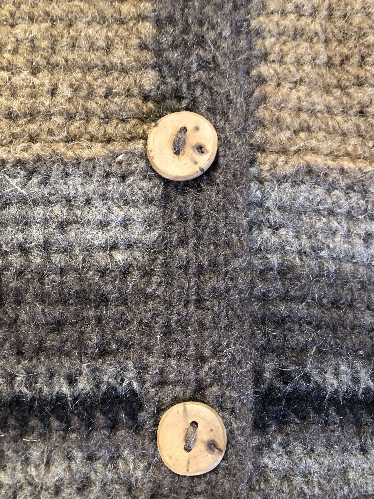 Kingspier Vintage - Paula Scott hand knit wool cardigan in a gradient pattern of beige to dark brown. This cardigan features wooden buttons and was handmade in Nova Scotia. Size medium/ large.