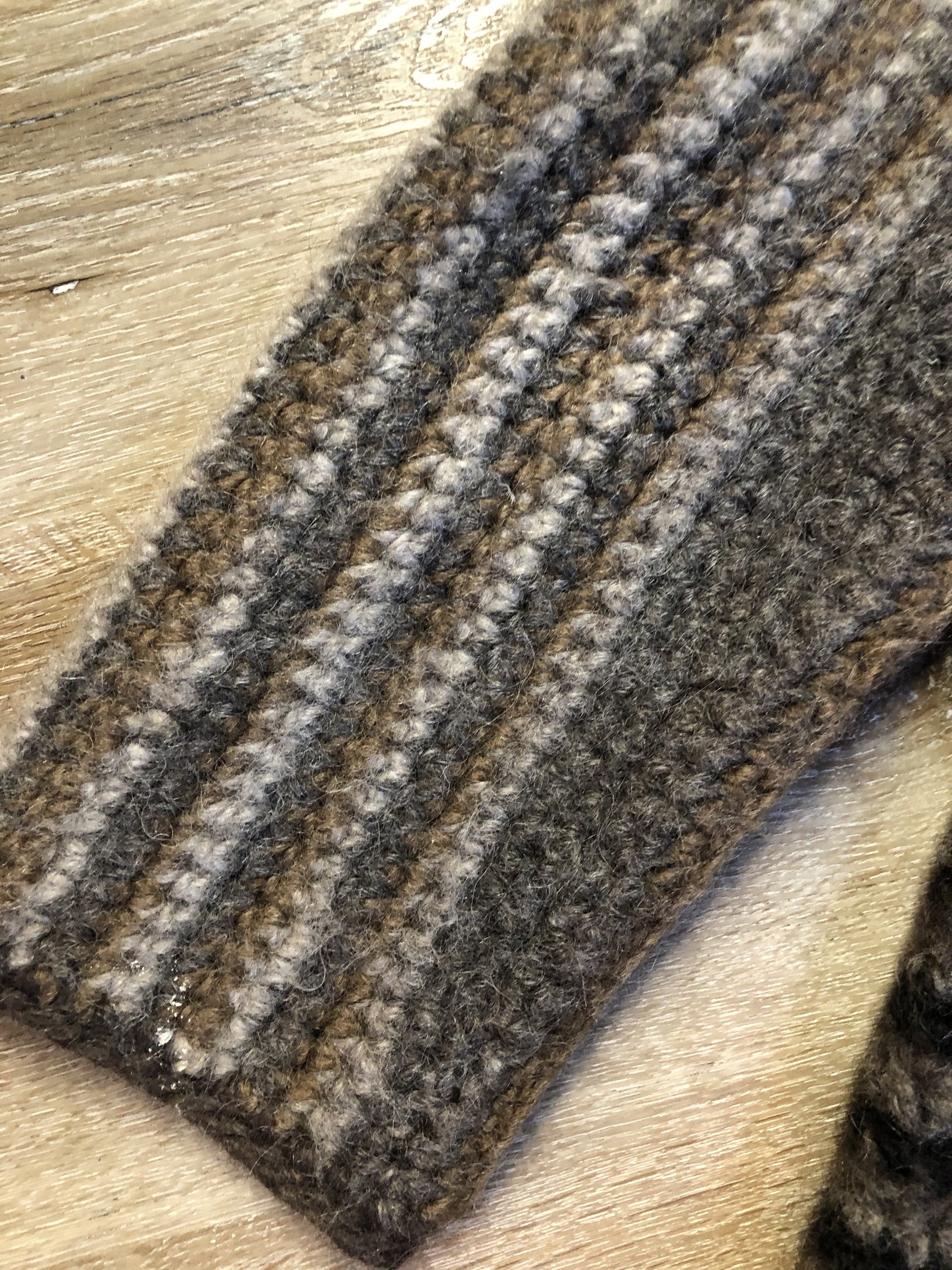 Kingspier Vintage - Paula Scott hand knit wool cardigan in a gradient pattern of beige to dark brown. This cardigan features wooden buttons and was handmade in Nova Scotia. Size medium/ large.