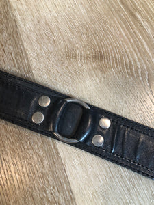 Kingspier Vintage - Vintage Guess Black Leather Belt with silver buckle and ring and grommet details.