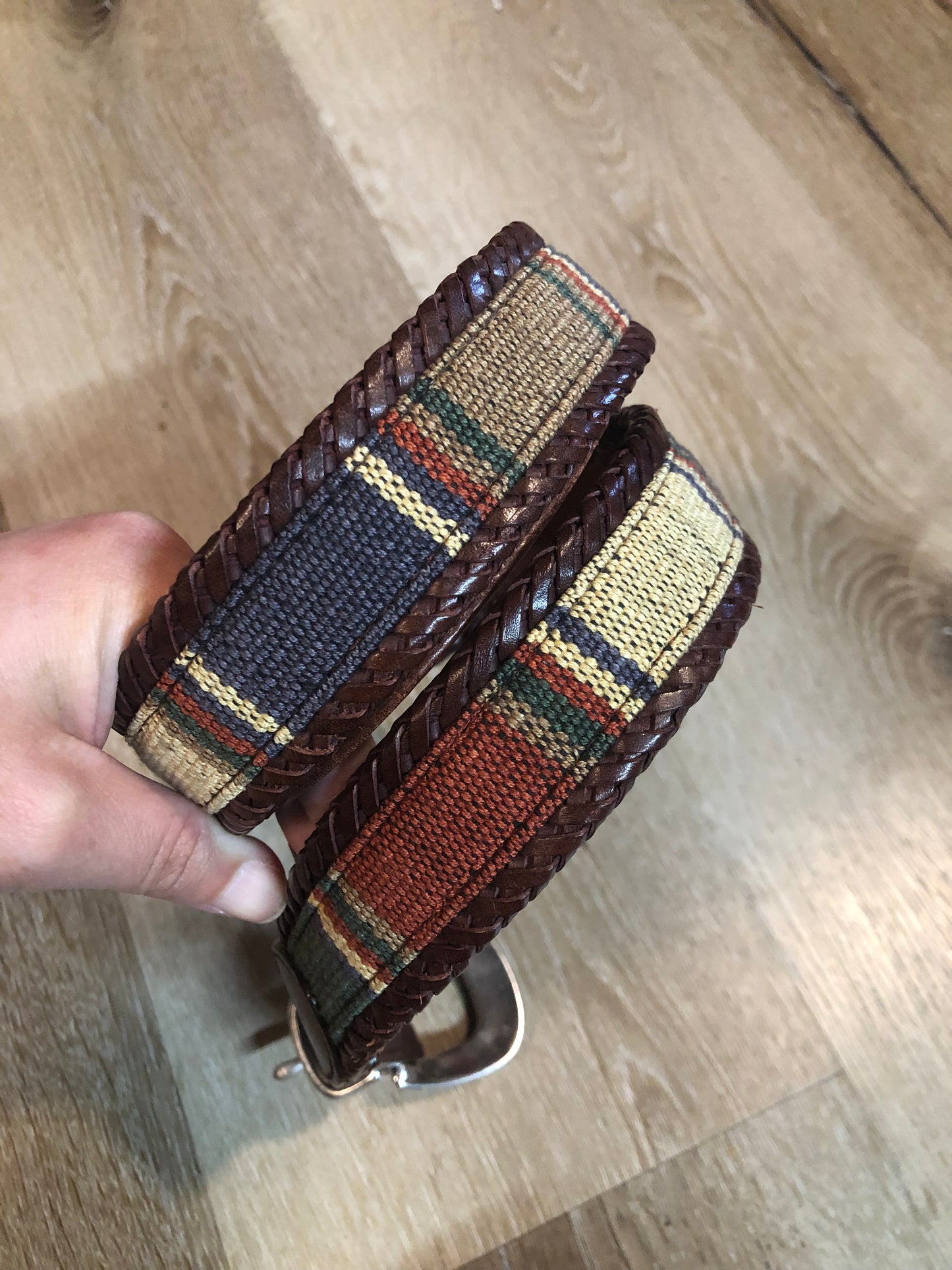 Kingspier Vintage - Vintage Leather Belt with colourful woven detail, leather stitching and silver buckle.