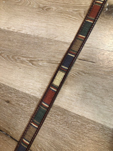 Kingspier Vintage - Vintage Leather Belt with colourful woven detail, leather stitching and silver buckle.
