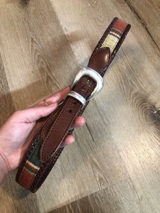 Kingspier Vintage - Vintage Leather Belt with colourful woven detail, leather stitching and silver buckle.