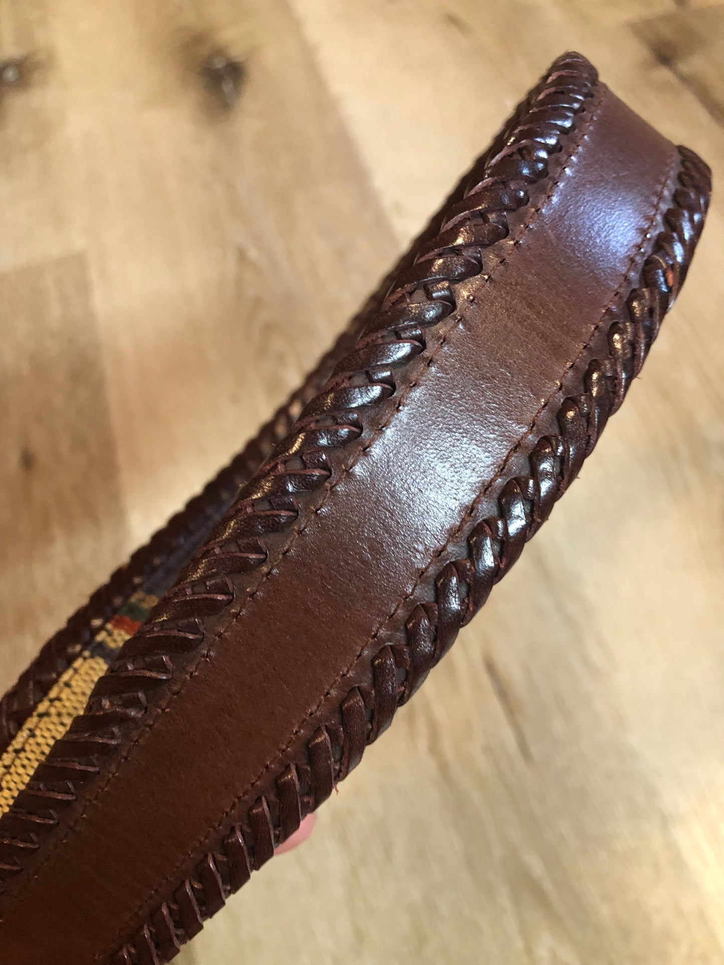 Kingspier Vintage - Vintage Leather Belt with colourful woven detail, leather stitching and silver buckle.