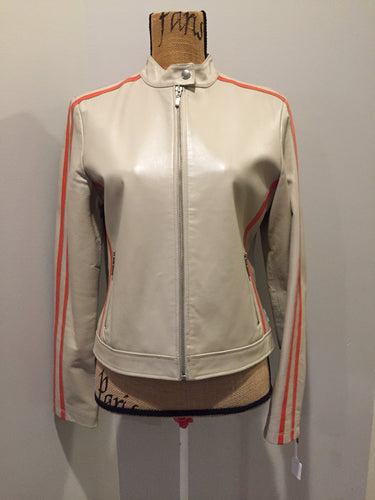 Kingspier Vintage - A&S Selections beige with orange stripe moto jacket with zipper closure, vertical zip pockets and zipper at the sleeve. Size medium.