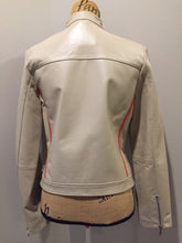 Load image into Gallery viewer, Kingspier Vintage - A&amp;S Selections beige with orange stripe moto jacket with zipper closure, vertical zip pockets and zipper at the sleeve. Size medium.
