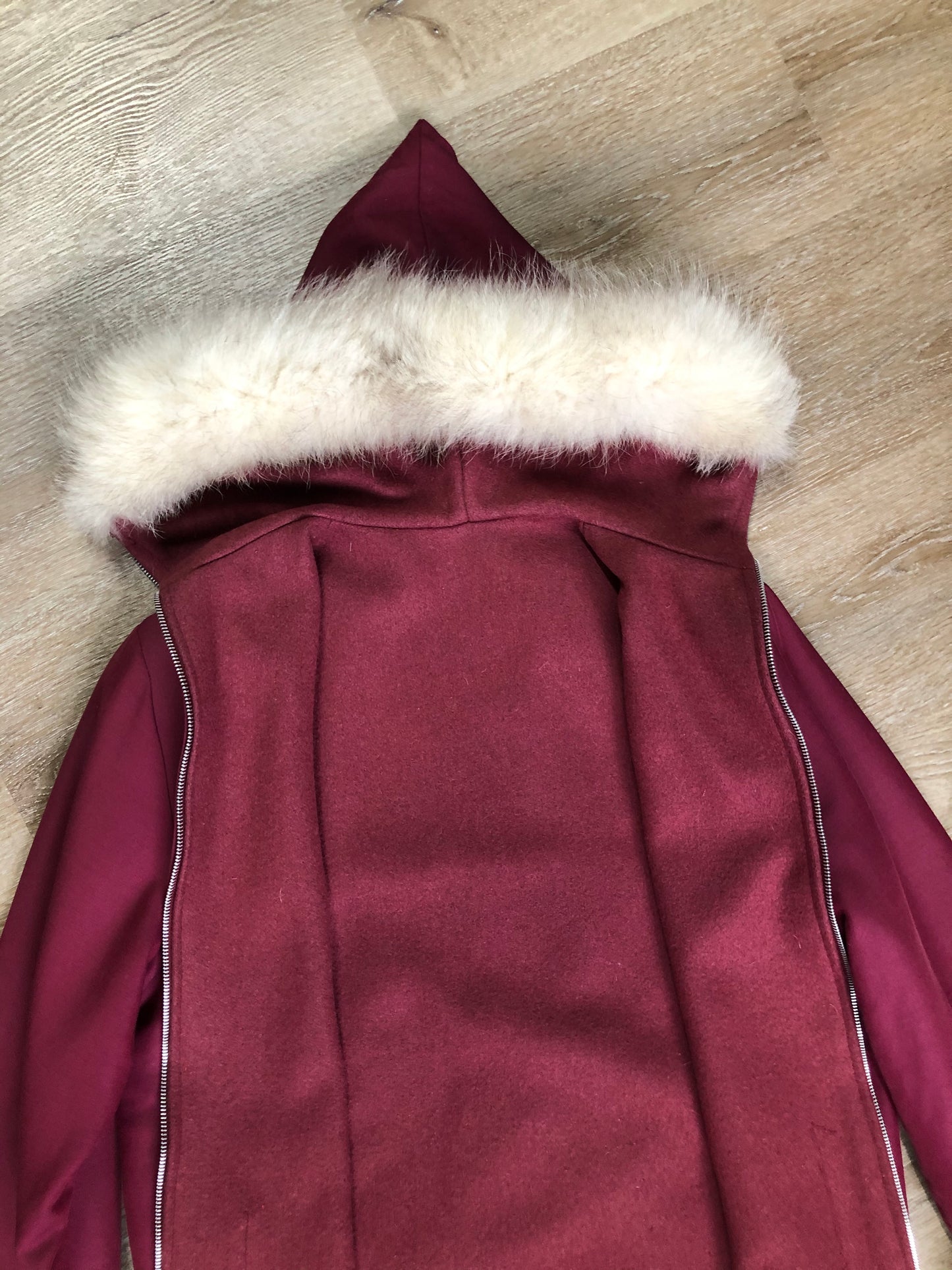 Kingspier Vintage - Pink Northern parka with wool blend lining, hood and sleeves with white fur trim, fur Pom poms, zipper closure, patch pockets, canoe design embroidered on the front pockets. Made in Canada.